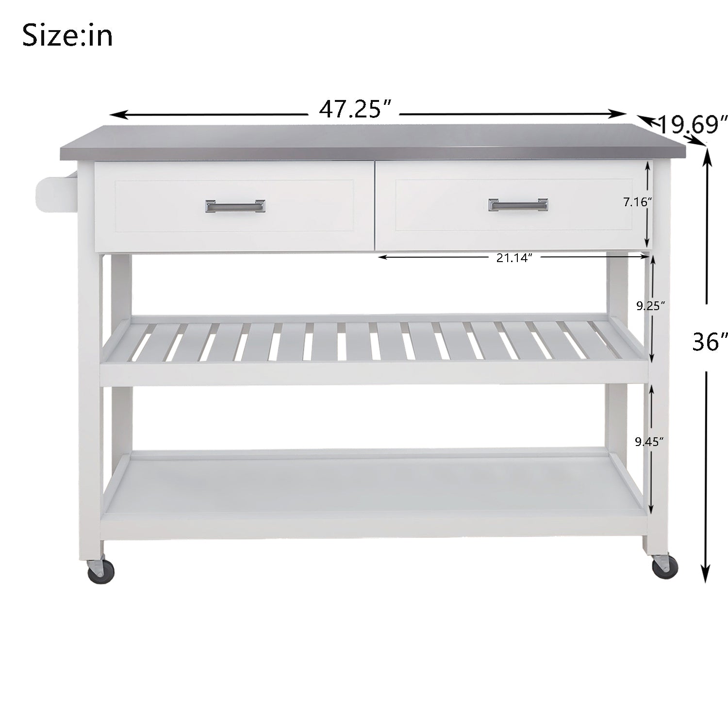 Stainless Steel Table Top White Kicthen Cart With Two Drawers