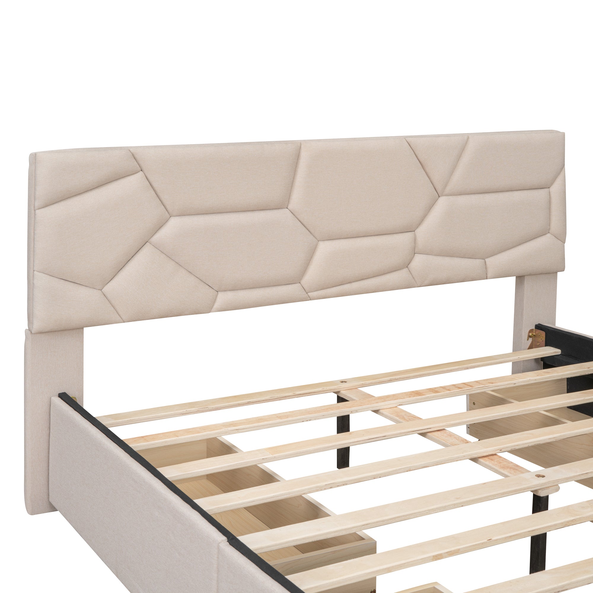 Queen Size Upholstered Platform Bed with Brick Pattern Headboard and 4 Drawers, Linen Fabric, Beige