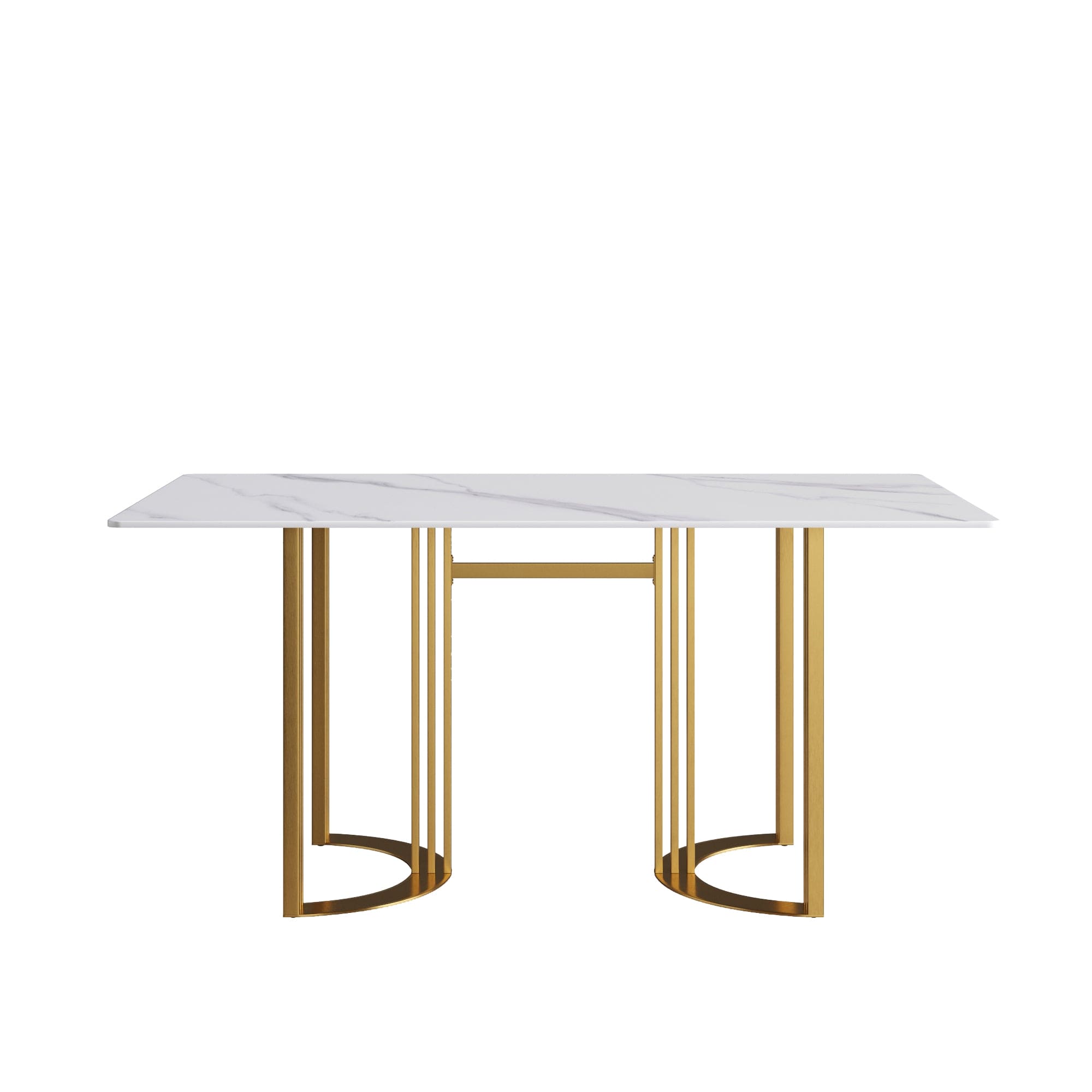 63"Modern artificial stone white straight edge golden metal leg dining table -6 people