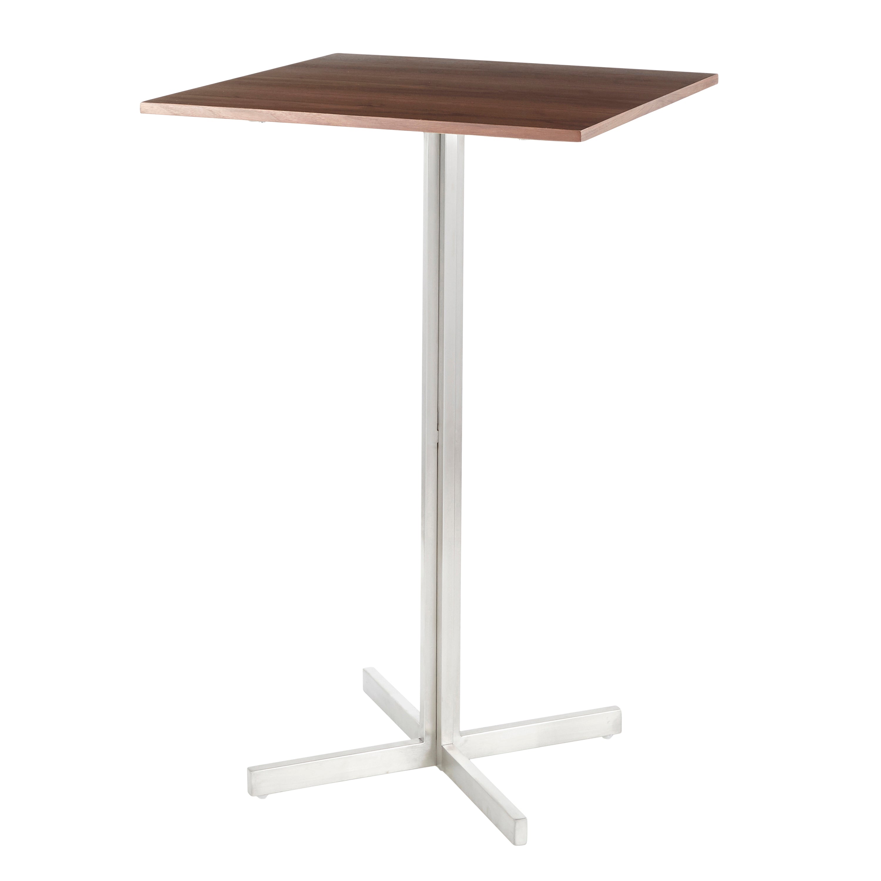 Fuji Contemporary Square Bar Table in Stainless Steel with Walnut Wood Top by LumiSource