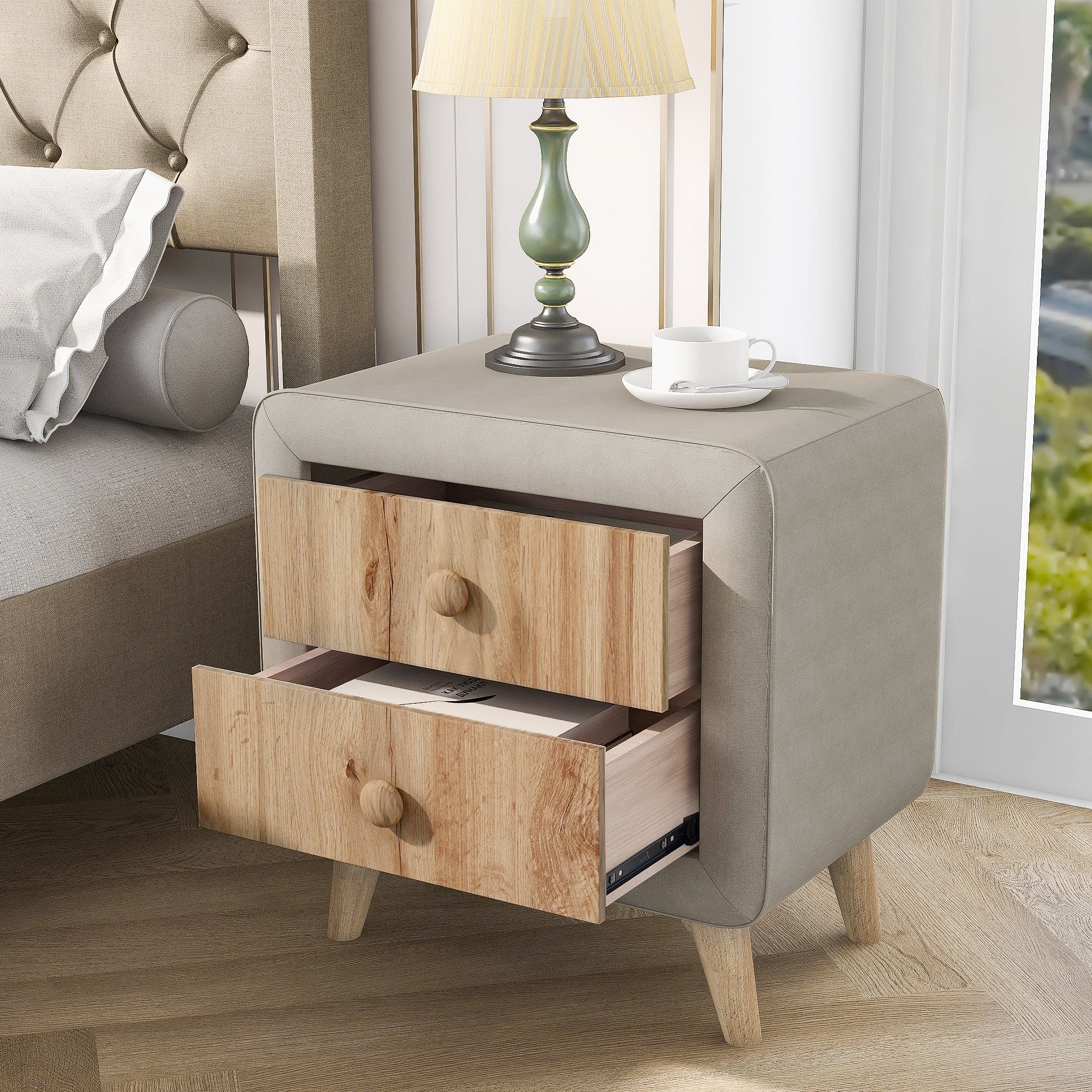 Upholstered Wooden Nightstand with 2 Drawers,Fully Assembled Except Legs and Handles,Bedside Table with Rubber Wood Leg-Beige