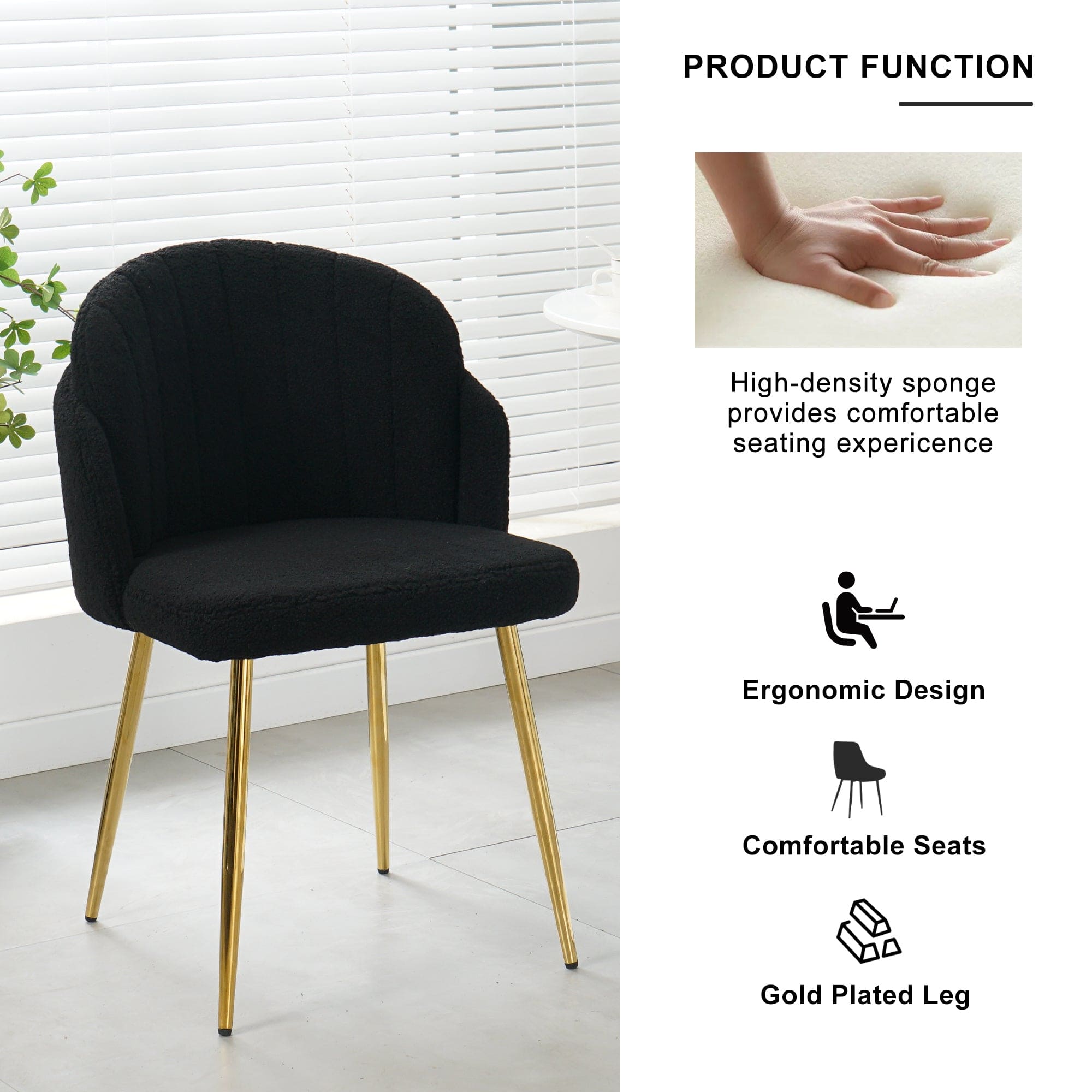 Modern simple black teddy fleece dining chair Fabric Upholstered Chairs home bedroom stool back dressing chair gold metal legs(set of 2)