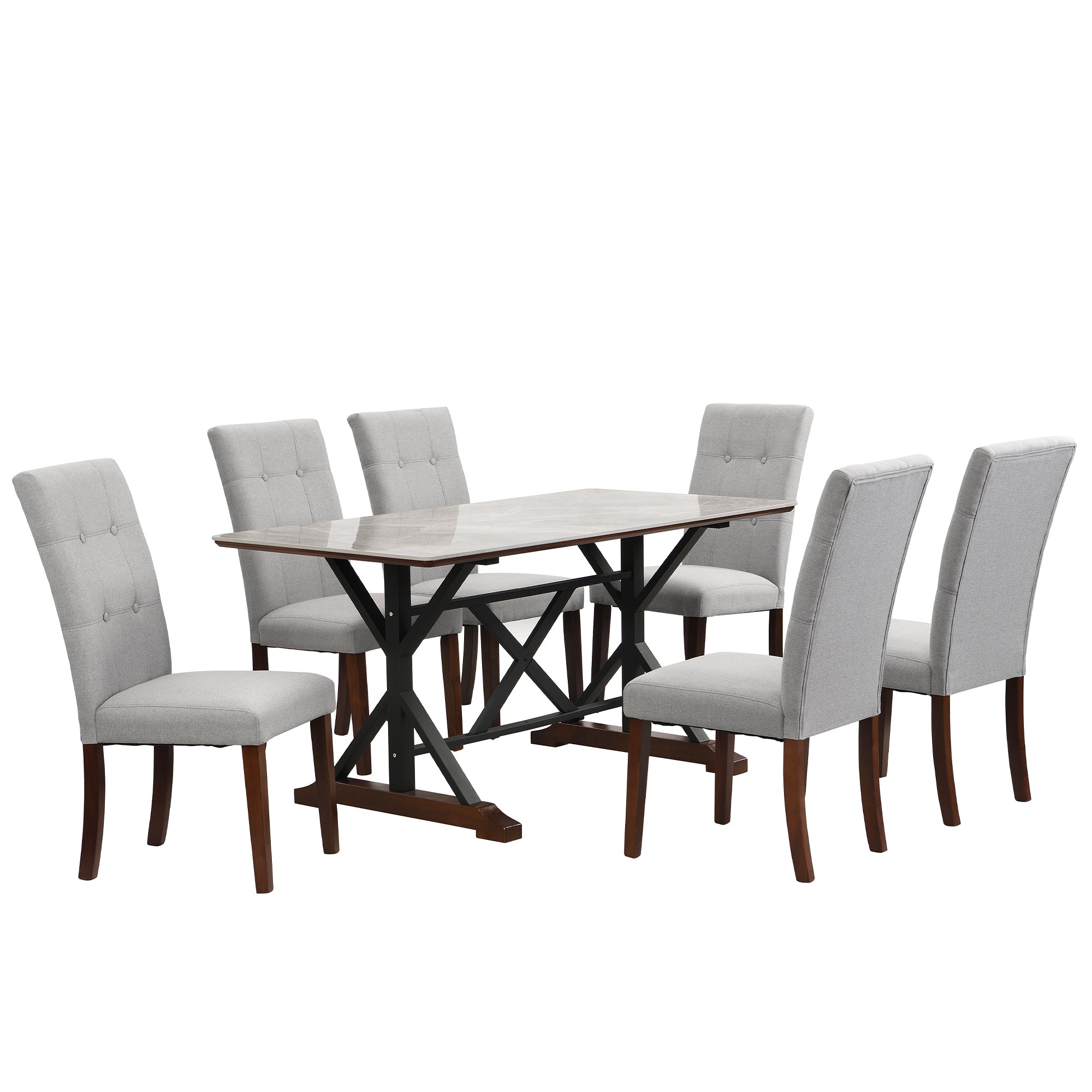 7-piece Modern Dining Table Set, Gray Sintered Stone Dining Table with 6 Tufted Upholstered Chairs, 63-inch Rectangle Dining Table for Dining Room