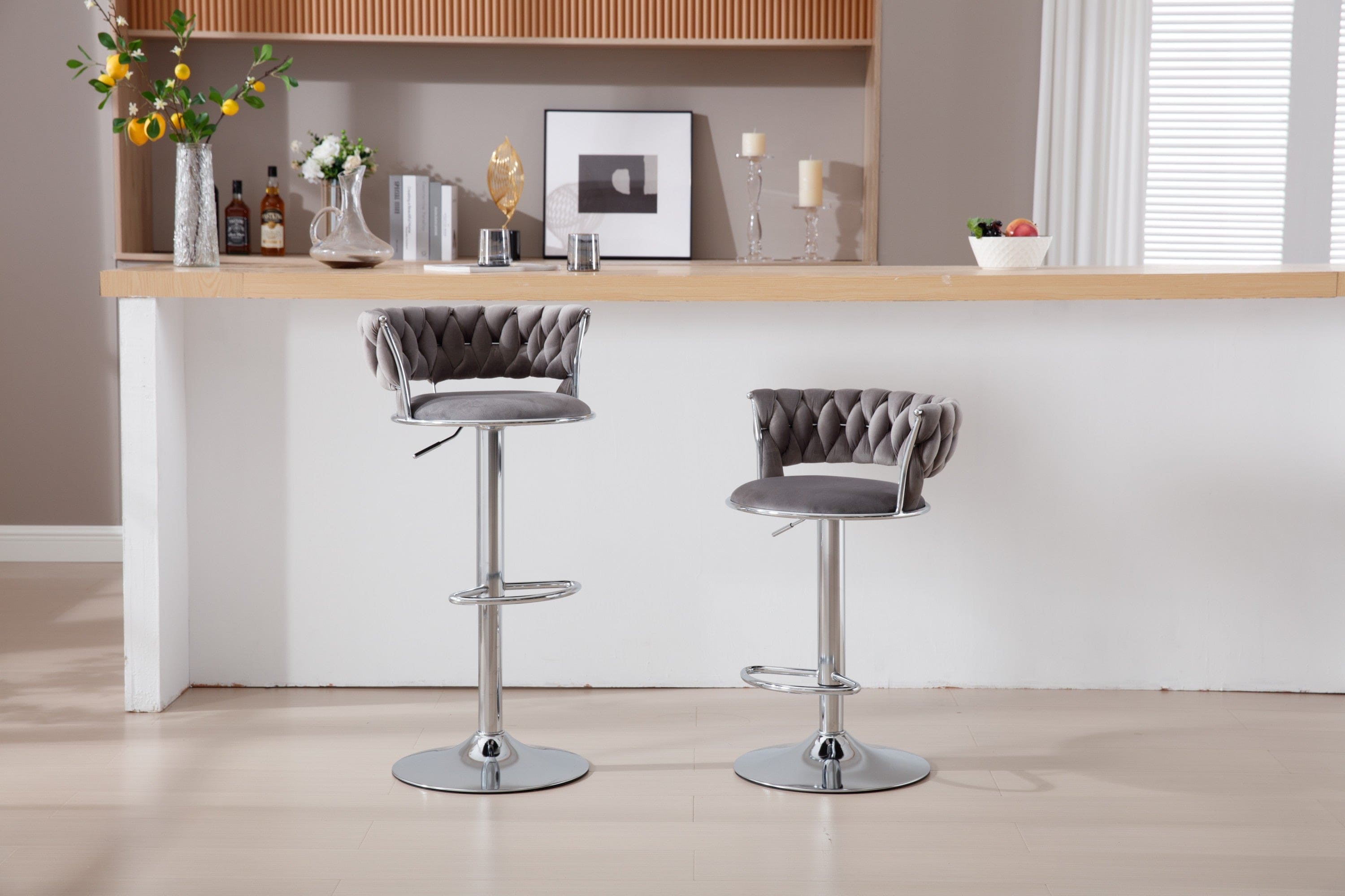 Set of 2  Bar Stools,with Chrome Footrest and Base Swivel Height Adjustable Mechanical Lifting Velvet +  Bar Stool-GREY