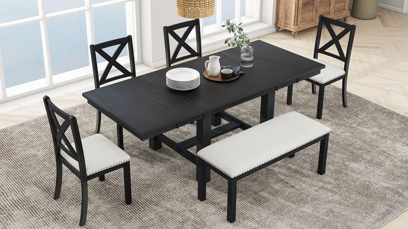 TOPMAX Farmhouse 82inch 6-Piece Extendable Dining Table with Footrest, 4 Upholstered Dining Chairs and Dining Bench, Two 11"Removable Leaf, Black+Beige Cushion