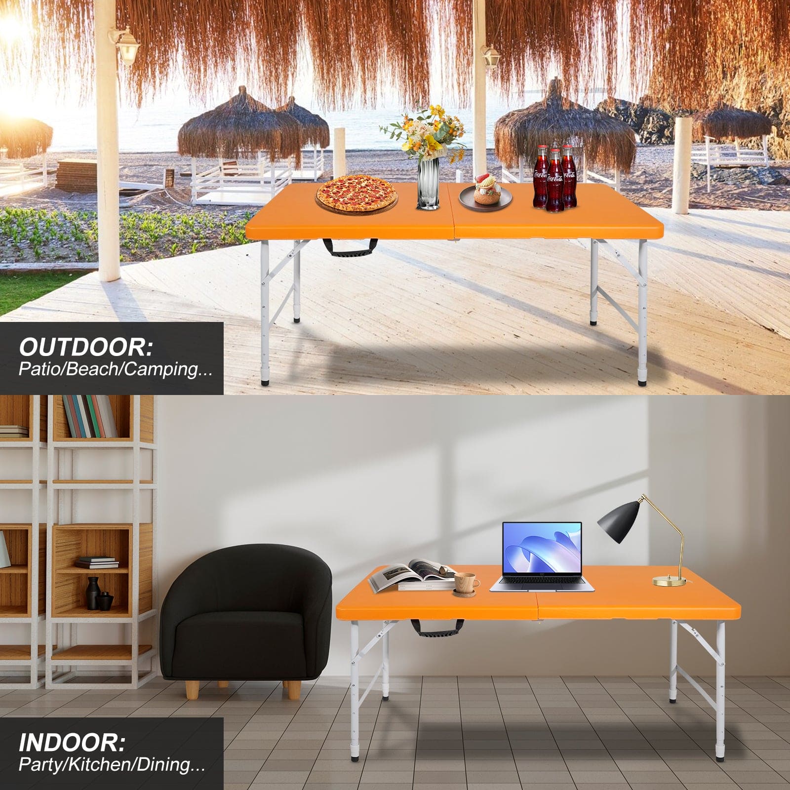 4ft Orange Portable Folding Table Indoor&Outdoor Maximum Weight 135KG Foldable Table for Camping