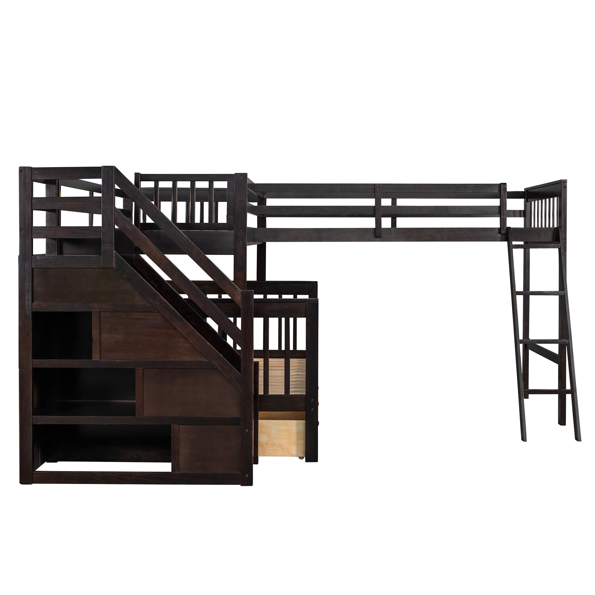 Twin over Full L-Shaped Bunk Bed With 3 Drawers, Ladder and Staircase - Espresso