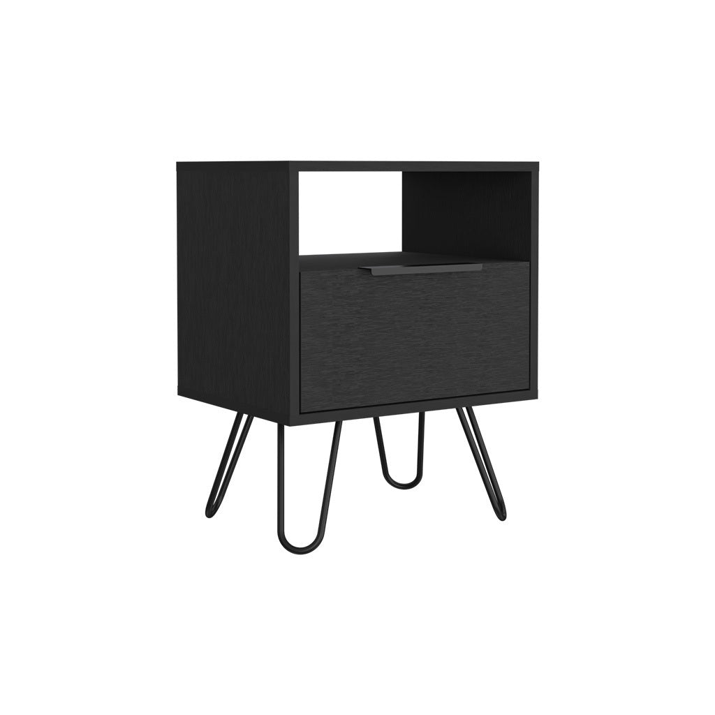 Nightstand Skyoner, Single Drawer, Hairpin Legs, Black Wengue Finish