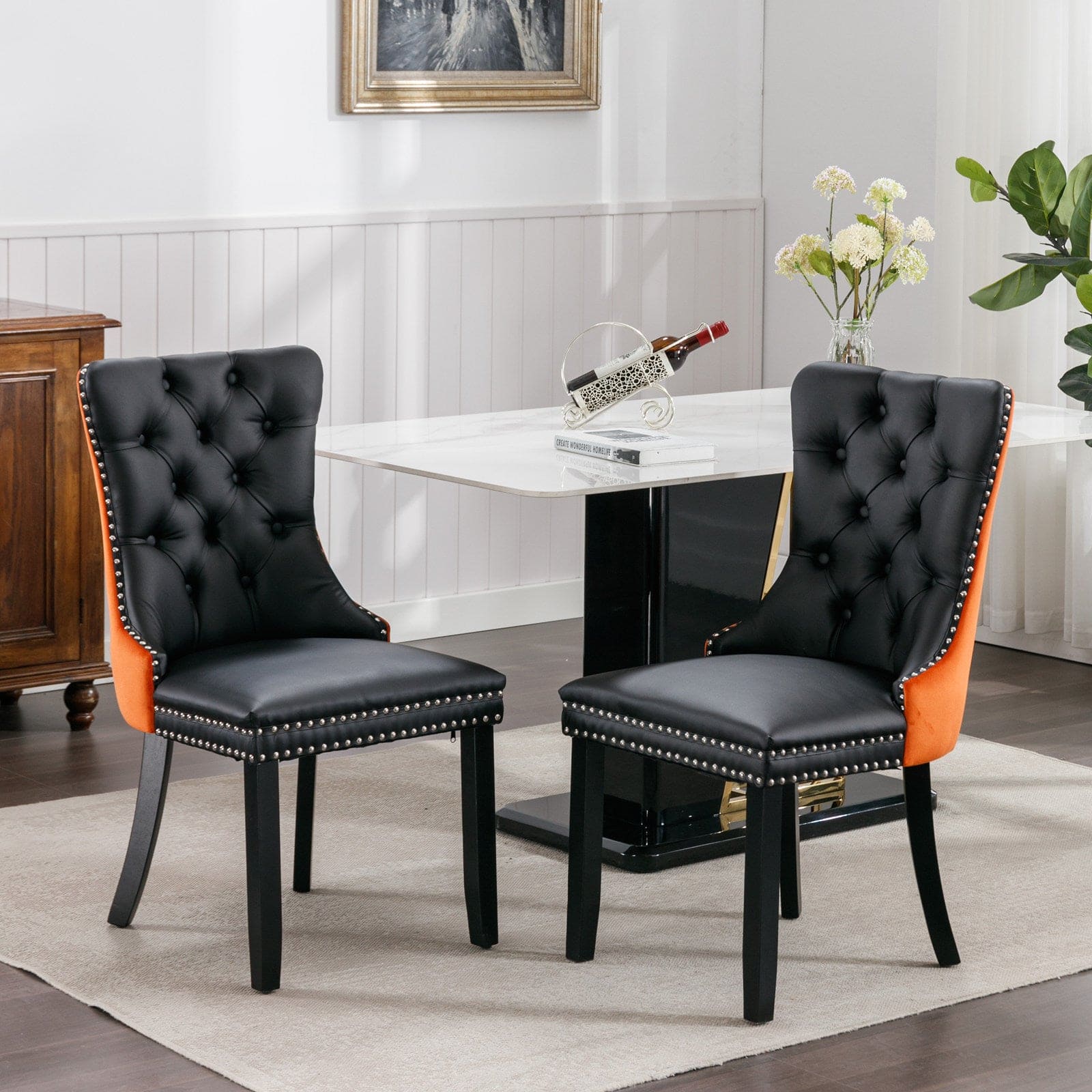 A&A Furniture,Nikki Collection Modern, High-end Tufted Solid Wood Contemporary PU and Velvet Upholstered Dining Chair with Wood Legs Nailhead Trim  2-Pcs Set，Black+Orange, SW2101BO