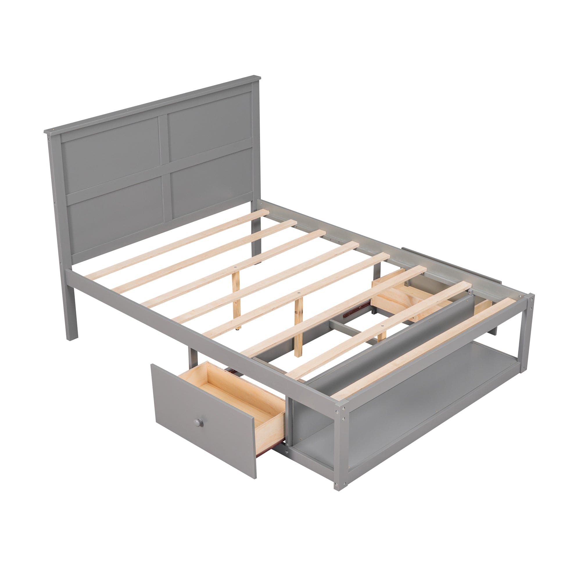 Full Size Platform Bed with Drawer on the Each Side and Shelf on the End of the Bed, Gray