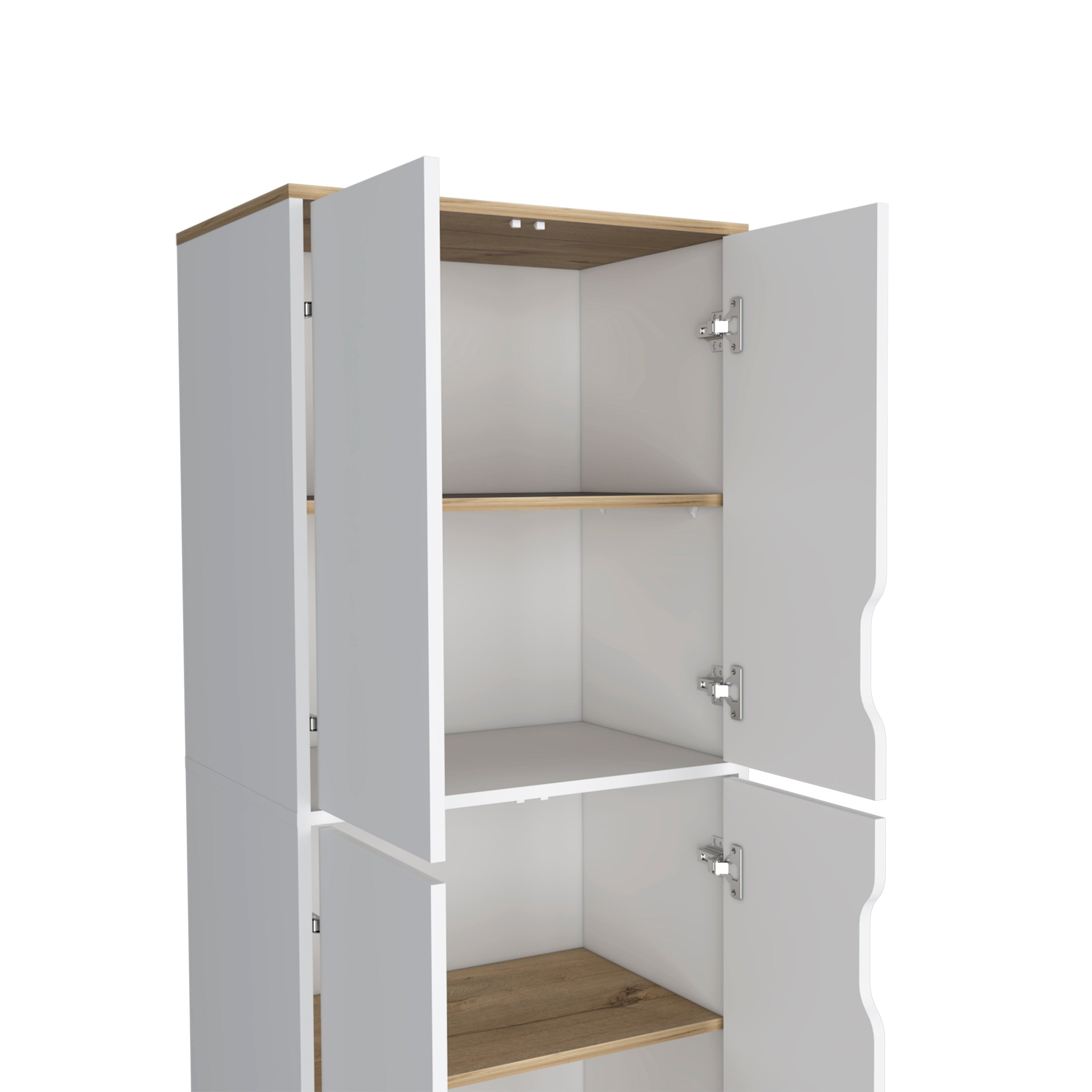 Double Kitchen Pantry Wallas, Double Door, Four Legs, Four Shelves, Light Oak / White Finish