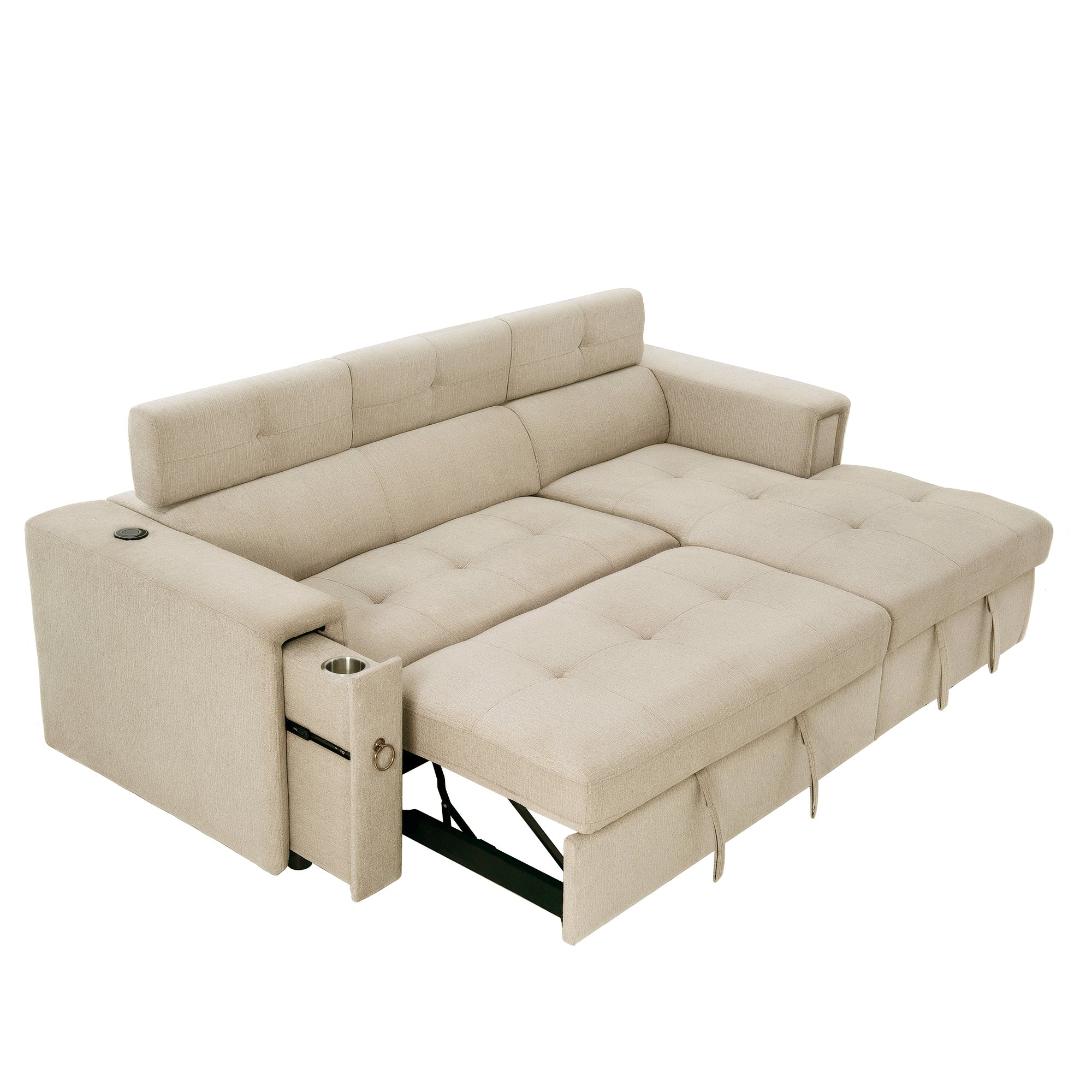 96" Multi-Functional Pull-Out Sofa Bed L-Shape Sectional Sofa with Adjustable Headrest, Wireless Charging, Cup Holders and Hidden Storage for Living Room, Bedroom, Office, Beige