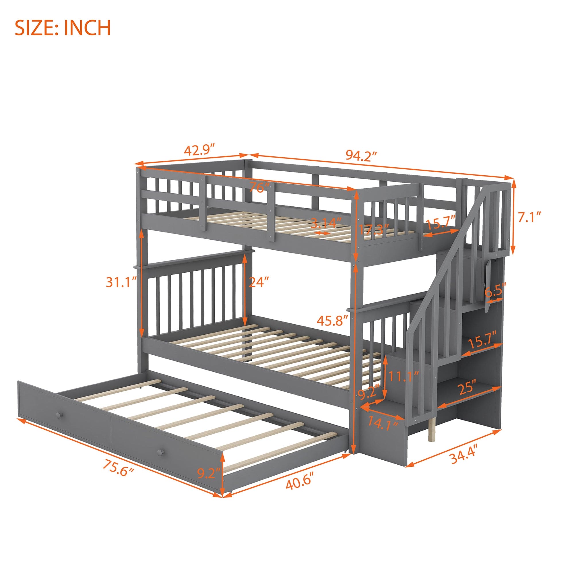 Stairway Twin-Over-Twin Bunk Bed with Twin size Trundle for Bedroom, Dorm, Adults, Gray( old sku: LP000209AAE )