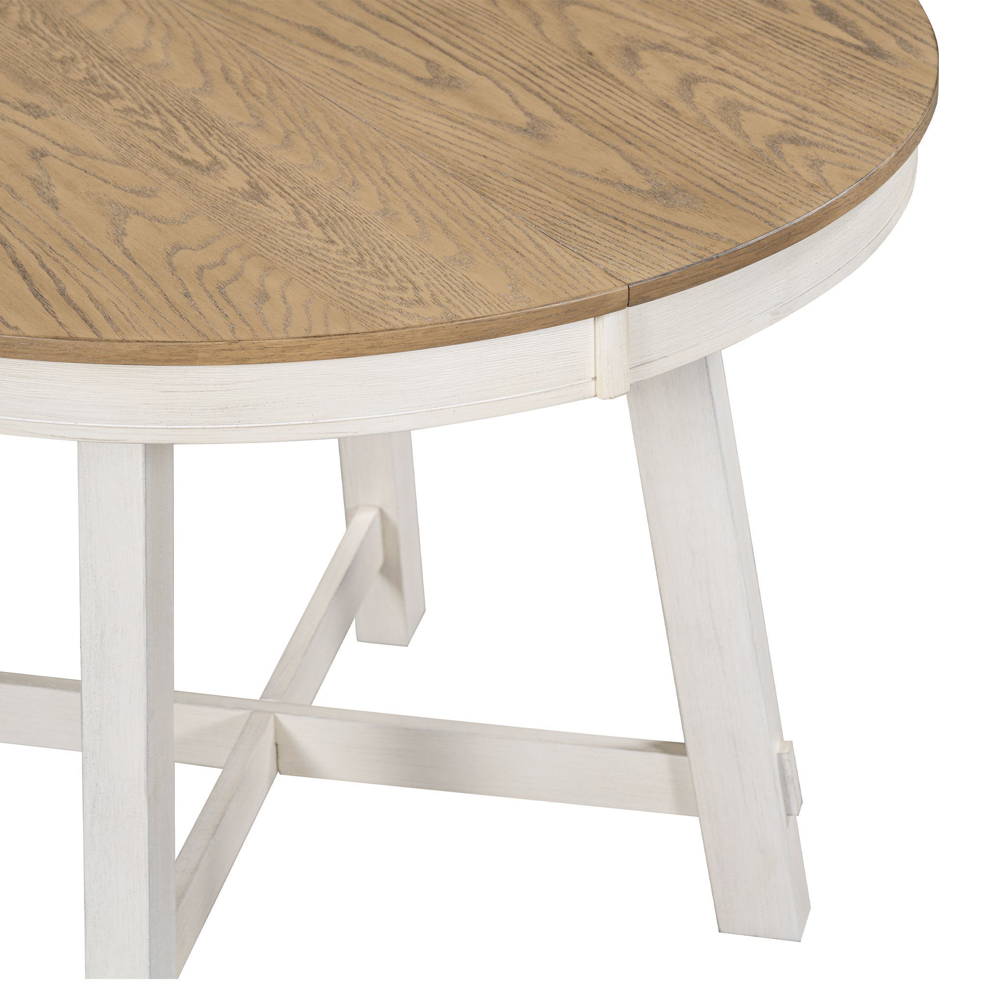 TREXM Farmhouse Round Extendable Dining Table with 16" Leaf Wood Kitchen Table (Oak Natural Wood + Antique White)