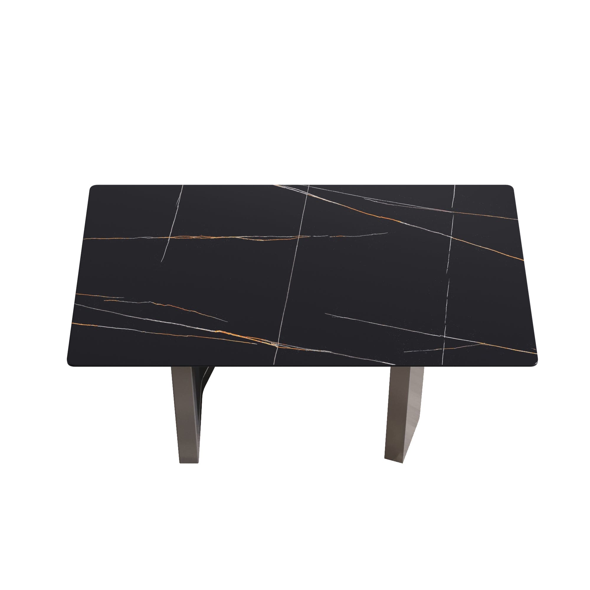 63"Modern artificial stone black straight edge black metal leg dining table -6 people