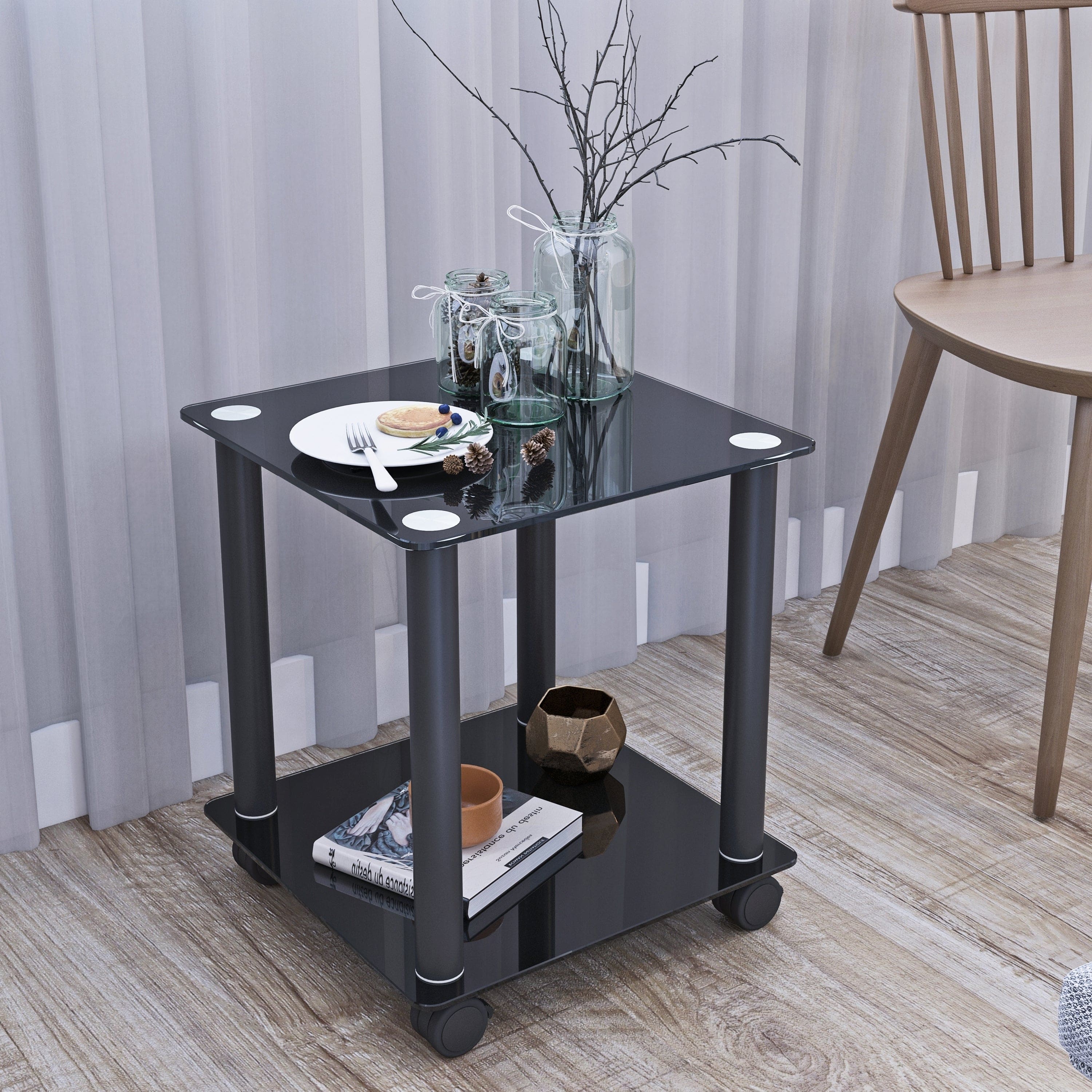 2-Piece Black Side Table , 2-Tier Space End Table ,Modern Night Stand, Sofa table, Side Table with Storage Shelve