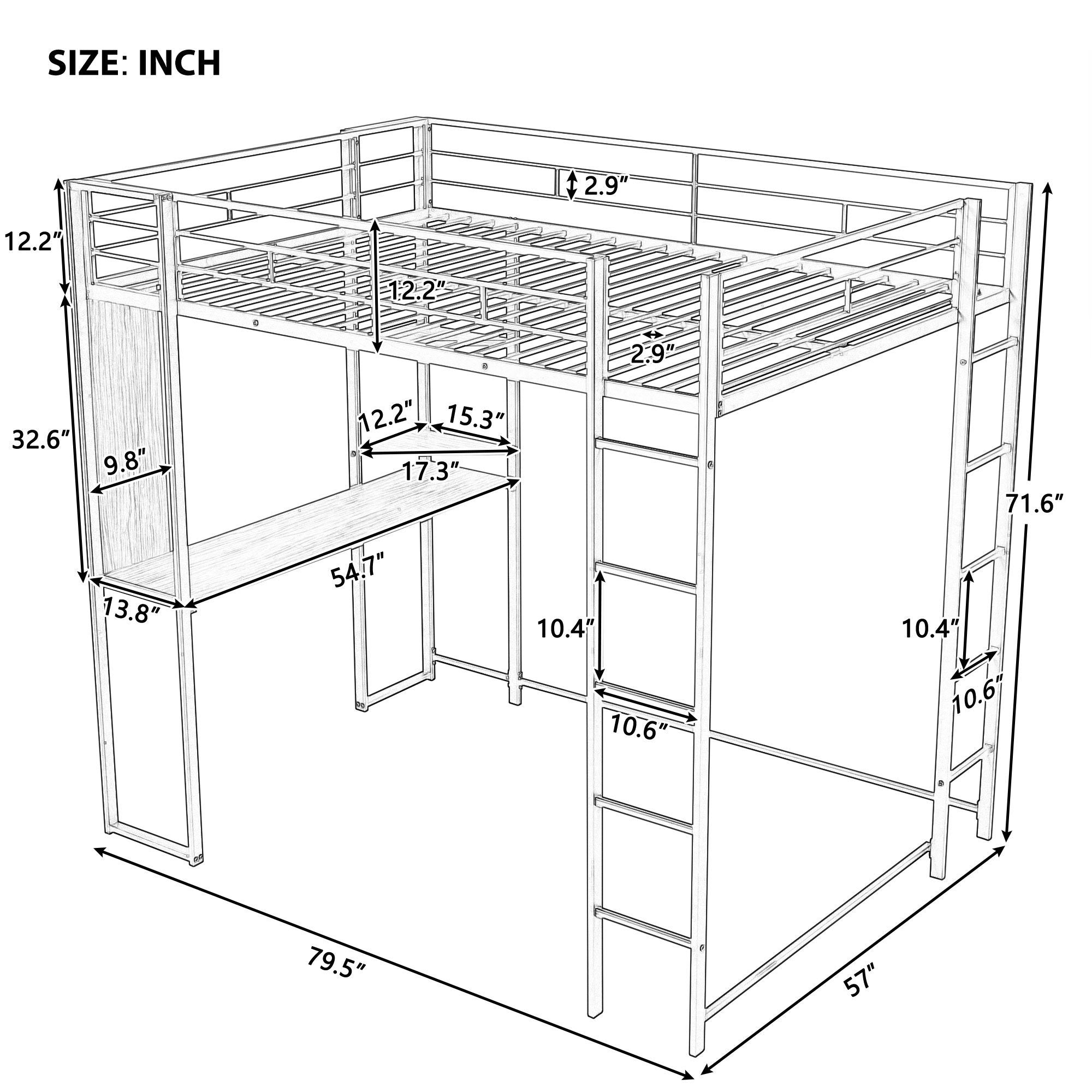 Full Size Metal Loft Bed with 2 Shelves and one Desk ,Black (Old SKU: LP000191AAB )