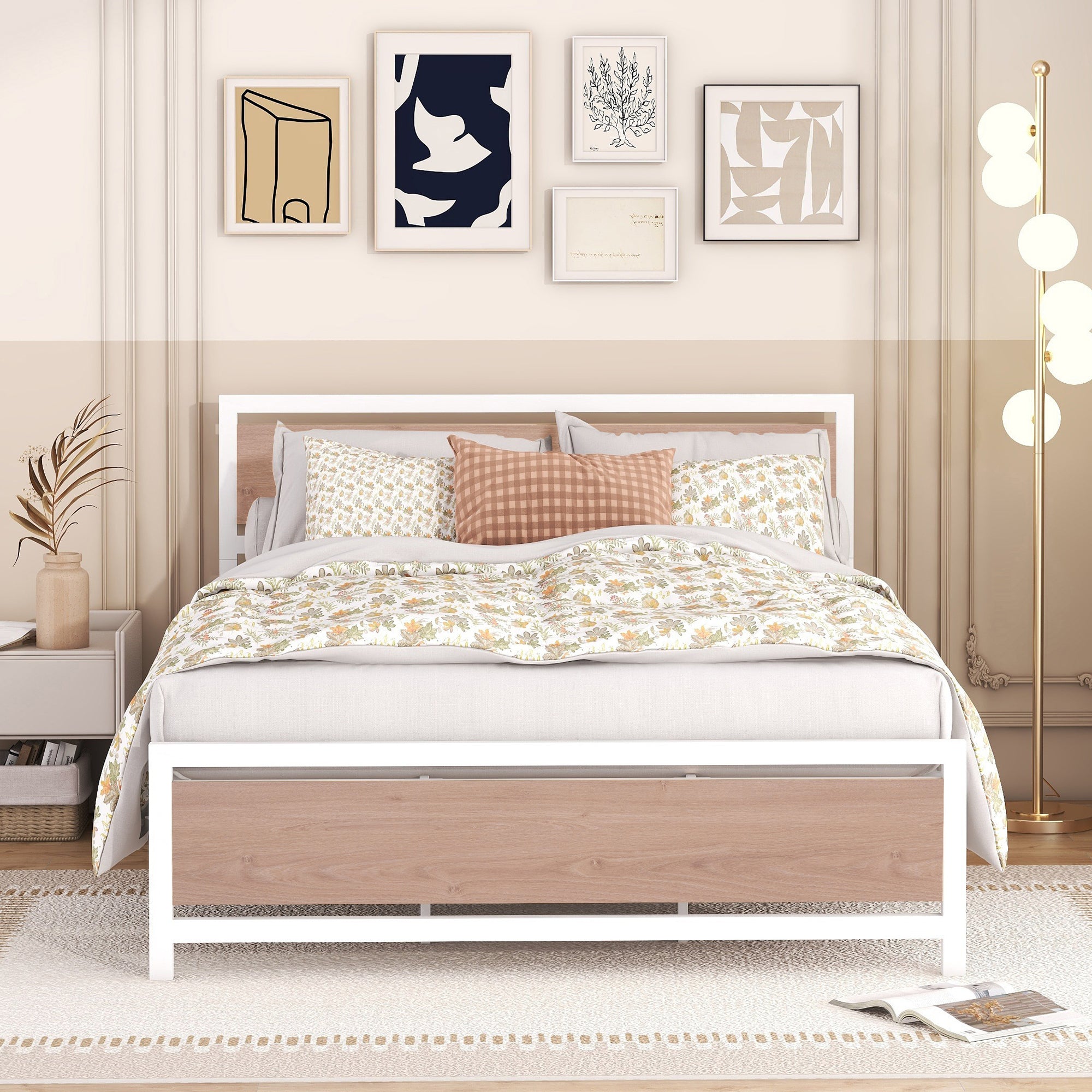 Queen Size Platform Bed, Metal and Wood Bed Frame with Headboard and Footboard , White