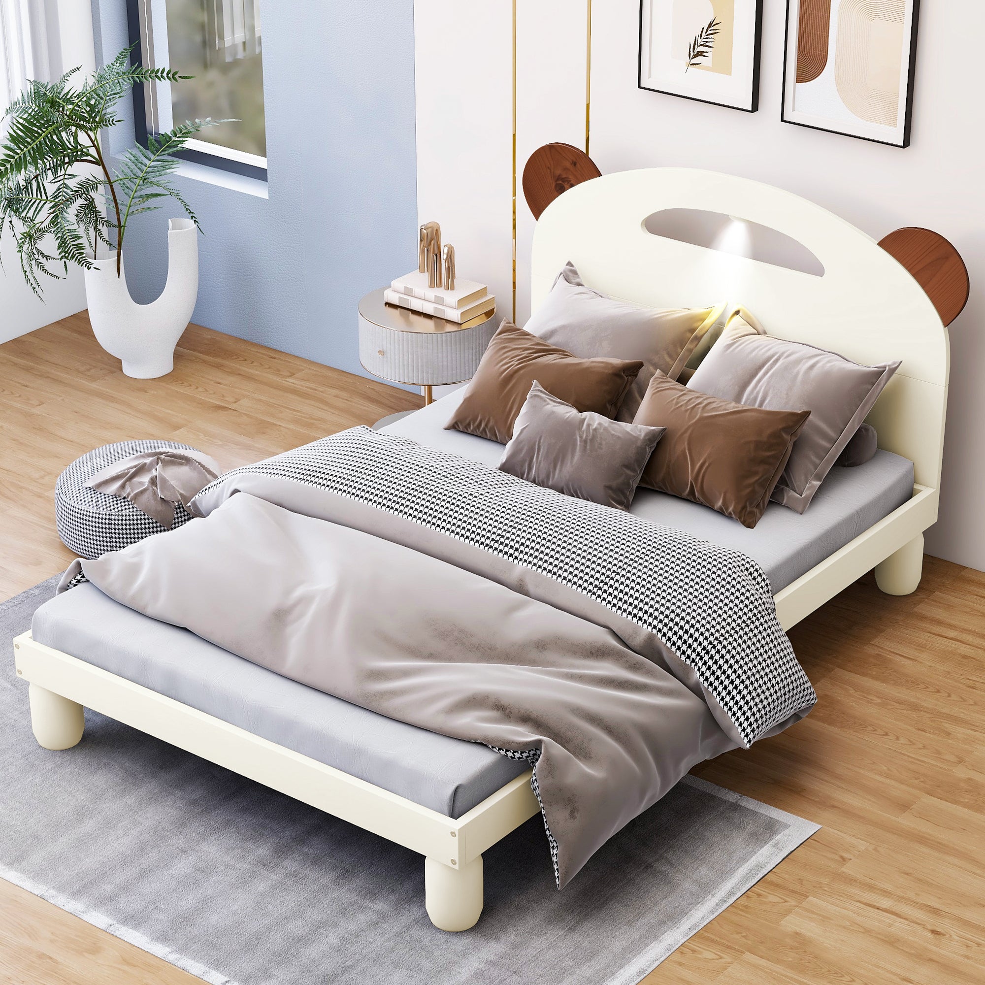 Twin Size Platform Bed with Bear Ears Shaped Headboard and LED, Cream White