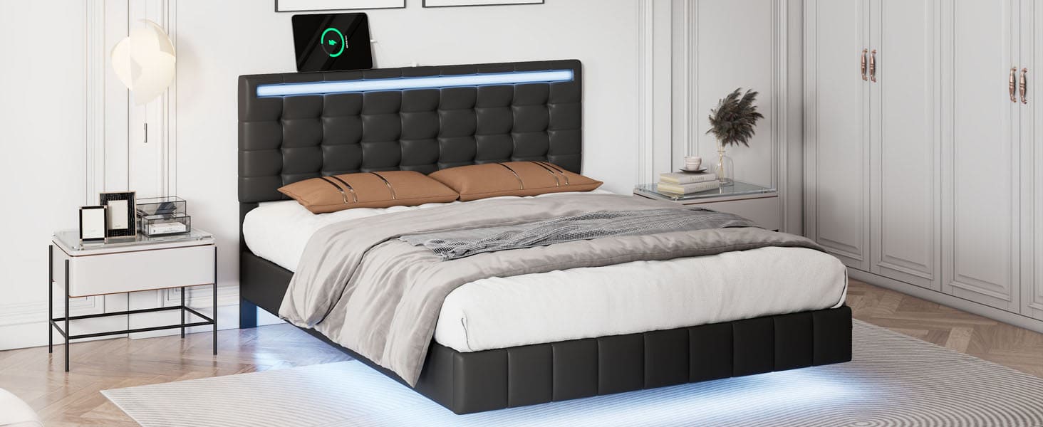 Full Size Floating Bed Frame with LED Lights and USB Charging,Modern Upholstered Platform LED Bed Frame,Black(Full)