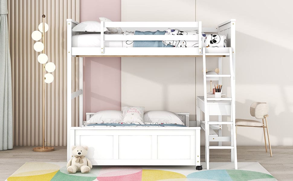 Full Over Full Bunk Bed with Desk, White