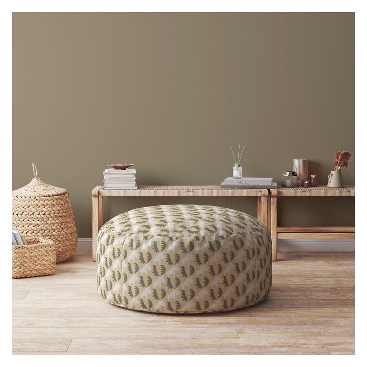 Indoor MOOSEVILLE Blue/Taupe/Camel Tan Round Zipper Pouf - Stuffed - Extra Beads Included! - 24in dia x 20in tall