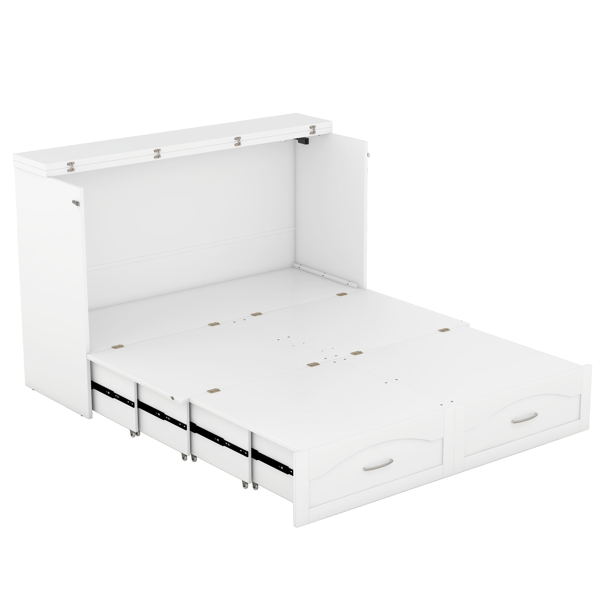 Queen Size Murphy Bed Wall Bed with drawer and a set of Sockets & USB Ports, Pulley Structure Design, White