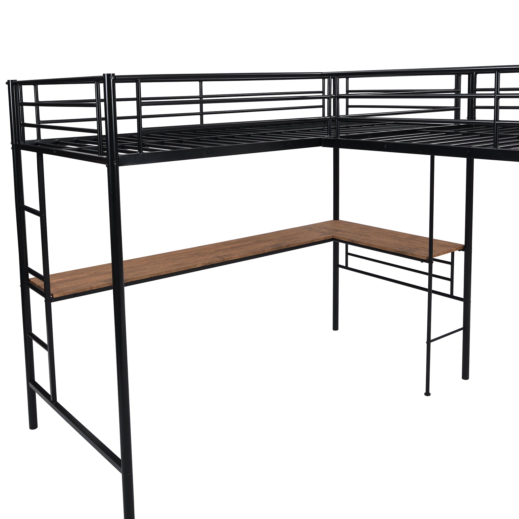 Twin Size Metal Loft Bed with Two Built-in Desks,Black