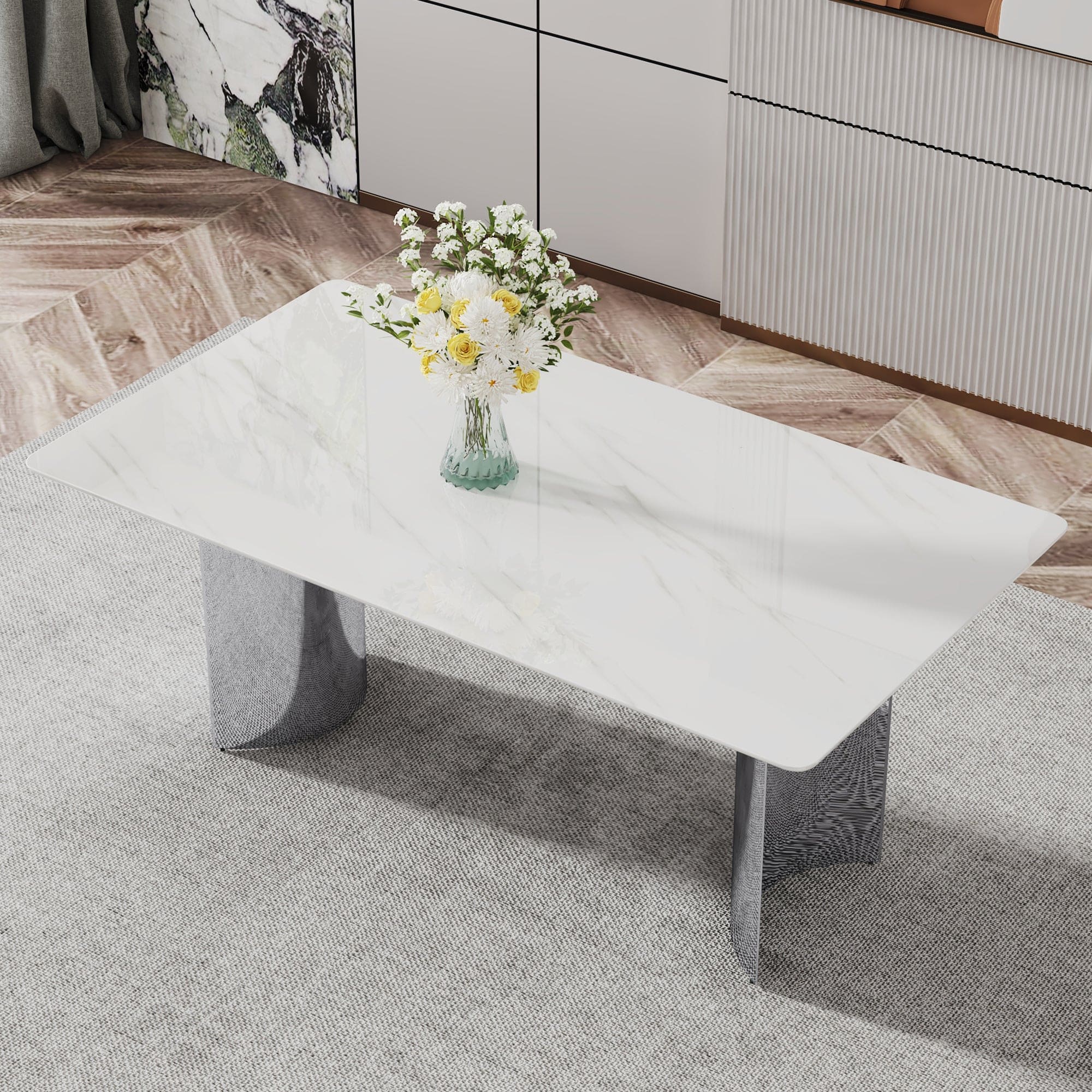 Modern minimalist dining table. The white imitation marble glass desktop is equipped with silver metal legs. Suitable for restaurants and living rooms  71" *39.3" *29.5"  DT-69