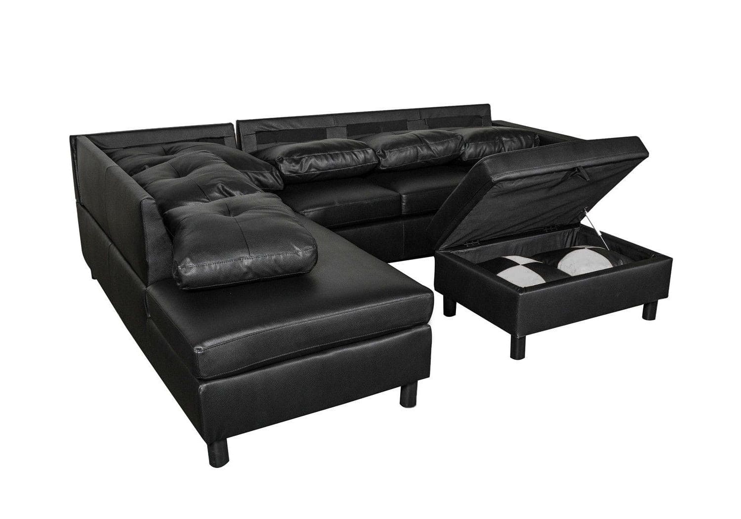 3 Piece Modular Sofa Set, (Black) Faux Leather Right Side Lounger with Free Storage Footrest