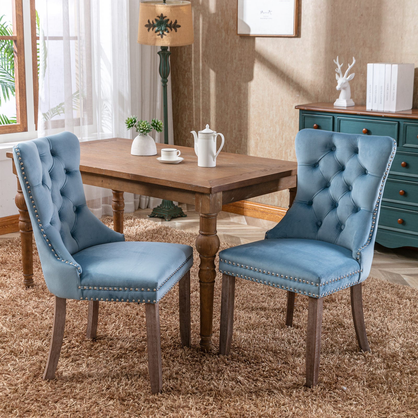 Nikki Collection Modern, High-end Tufted Solid Wood Contemporary Velvet Upholstered Dining Chair with Wood Legs Nailhead Trim 2-Pcs Set,Light Blue, SW2001LB