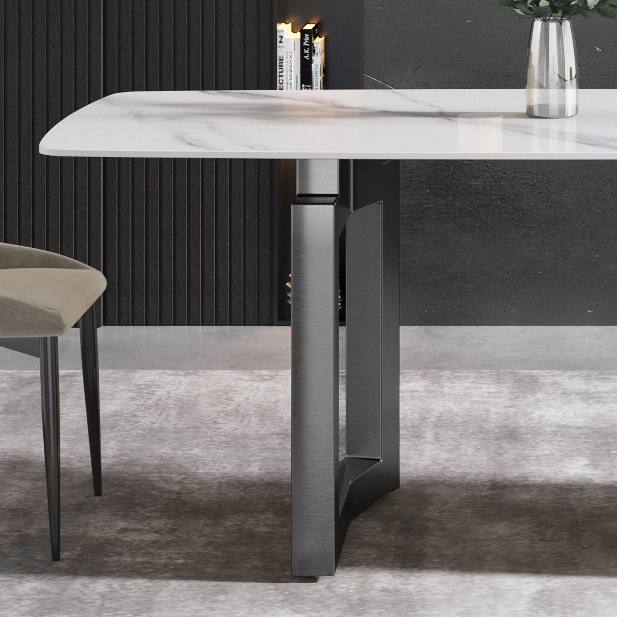 70.87"Modern artificial stone white curved black metal leg dining table-can accommodate 6-8 people