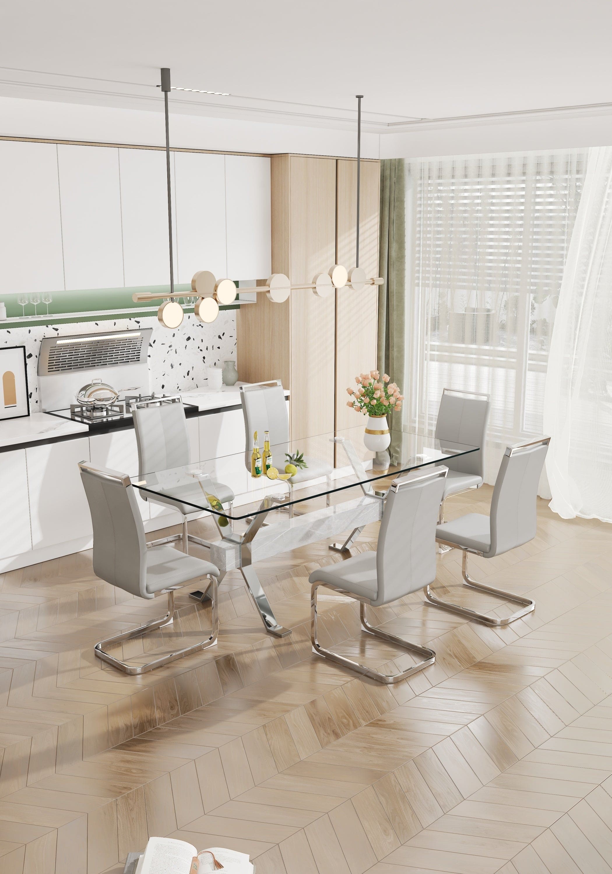 Dining table. Modern tempered glass dining table. Large modern office desk with silver plated metal legs and MDF crossbars, suitable for both home and office use. Kitchen. 79 ''x39''x30 '' 1105