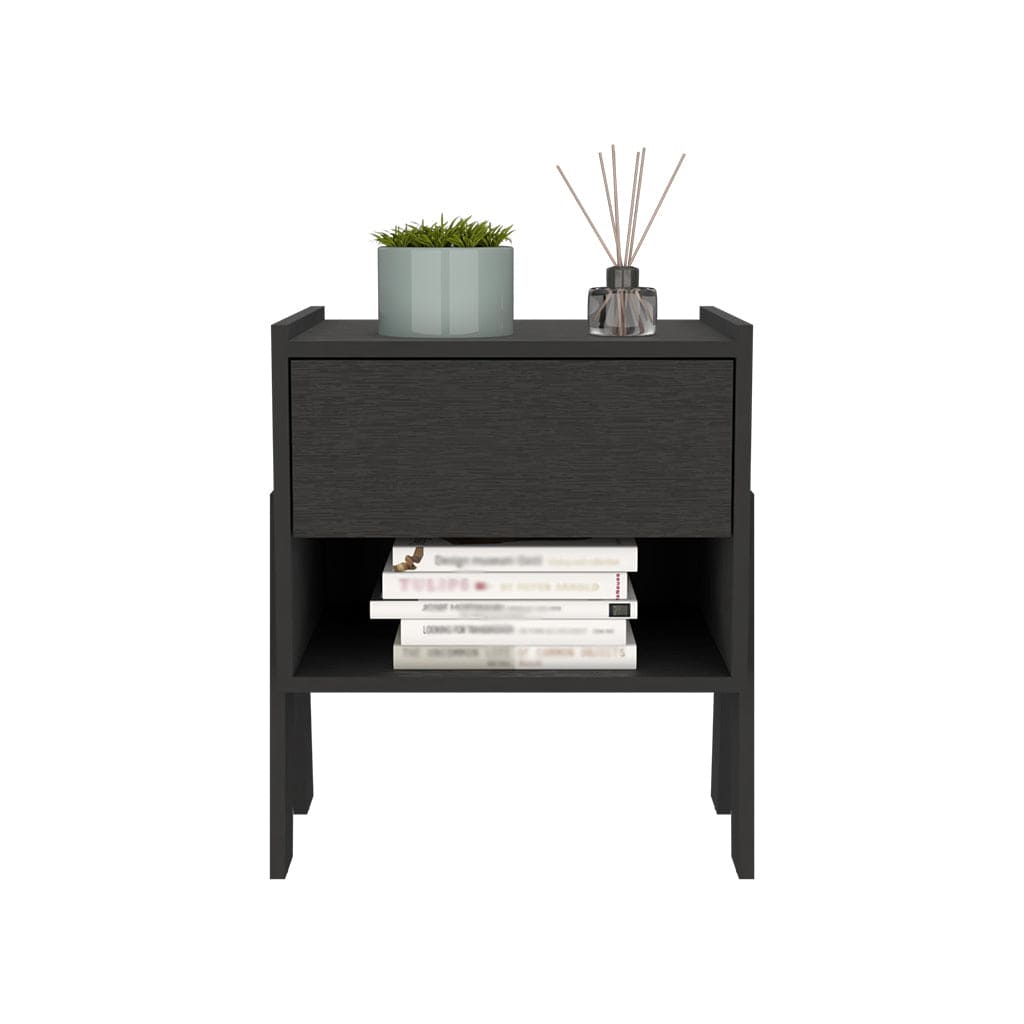 Nightstand Ferku, Open Shelf, One Drawer, Black Wengue Finish