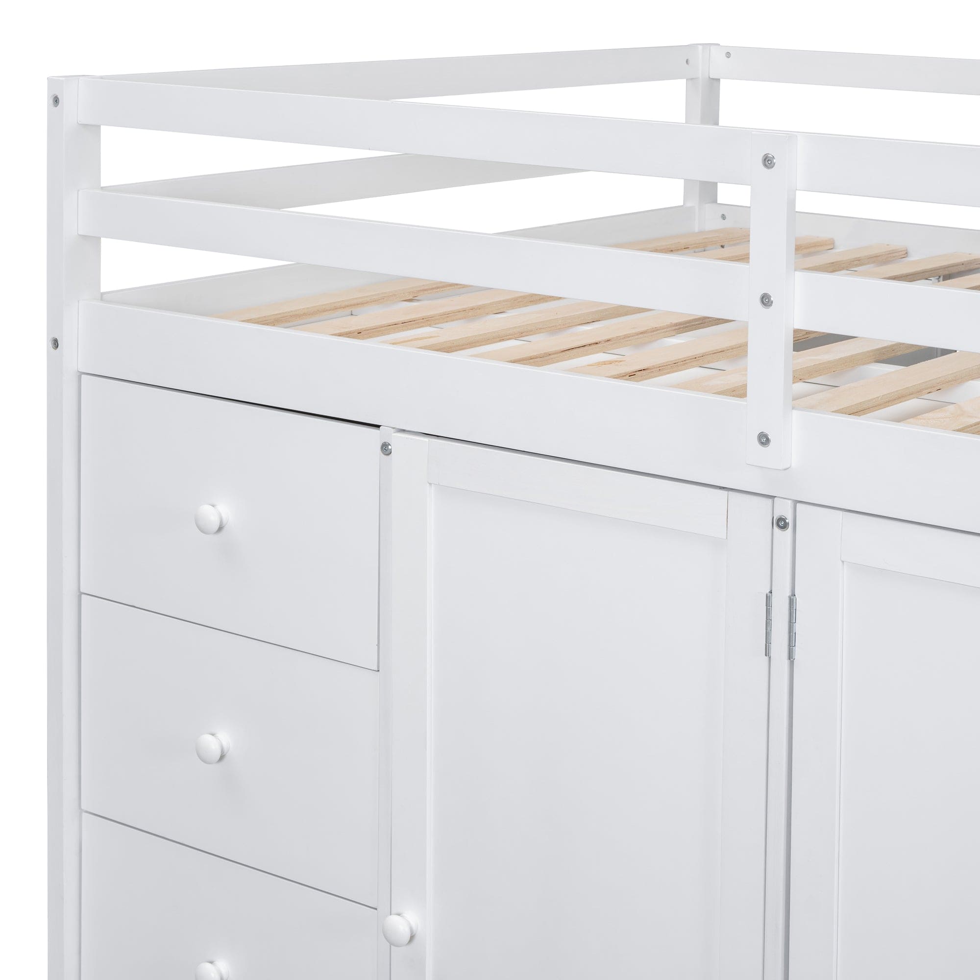 Full Size Wood Loft Bed With Built-in Wardrobes, Cabinets and Drawers, White