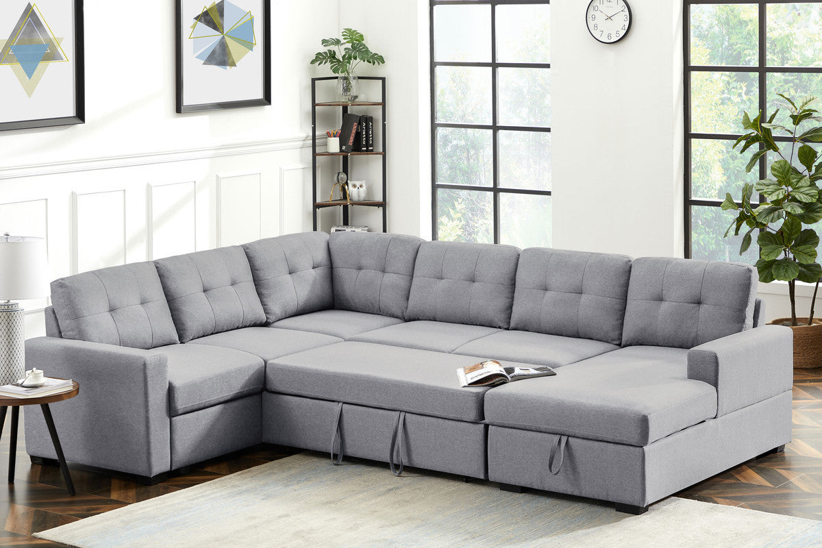 Selene Light Gray Linen Fabric Sleeper Sectional Sofa with Storage Chaise