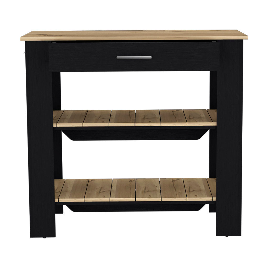 Kitchen Island 40 Inches Dozza, Two Shelves, Black Wengue / Light Oak Finish