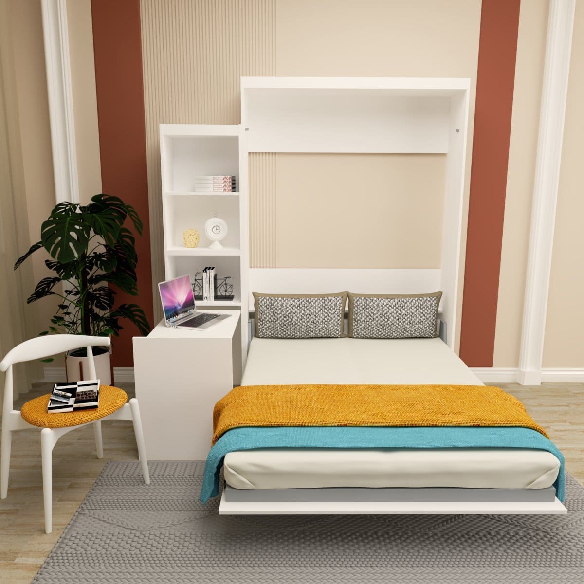 Queen  Size Morden Deisgn Full Size Vertical Murphy Bed with Shelf and Drawers for Bedroom or Guestroom White Wall Bed Space Saving Hidden Bed with New Style Gas Struts