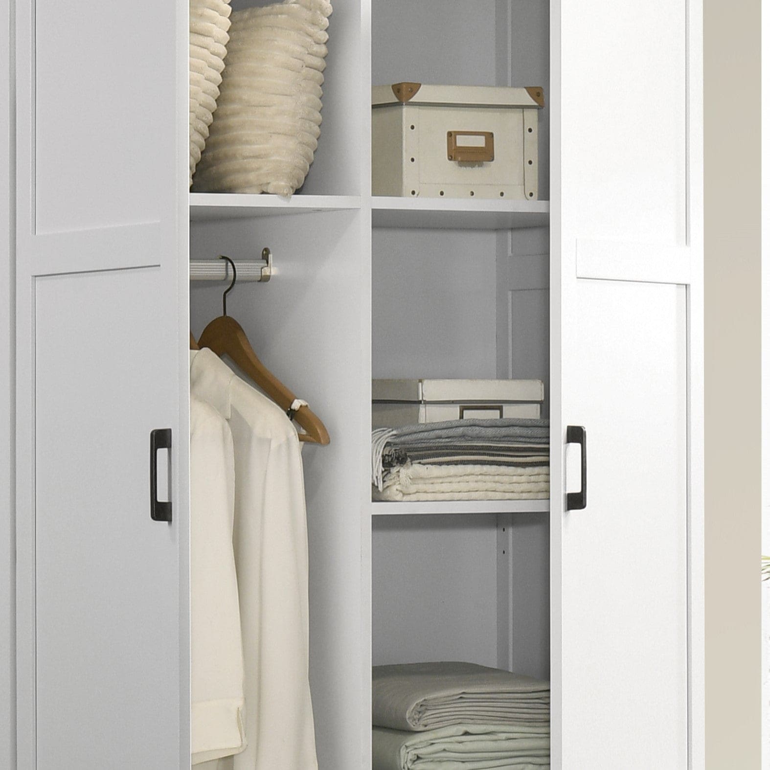 Aubree White Wardrobe Cabinet Armoire with 2 Drawers and Hanging Rod