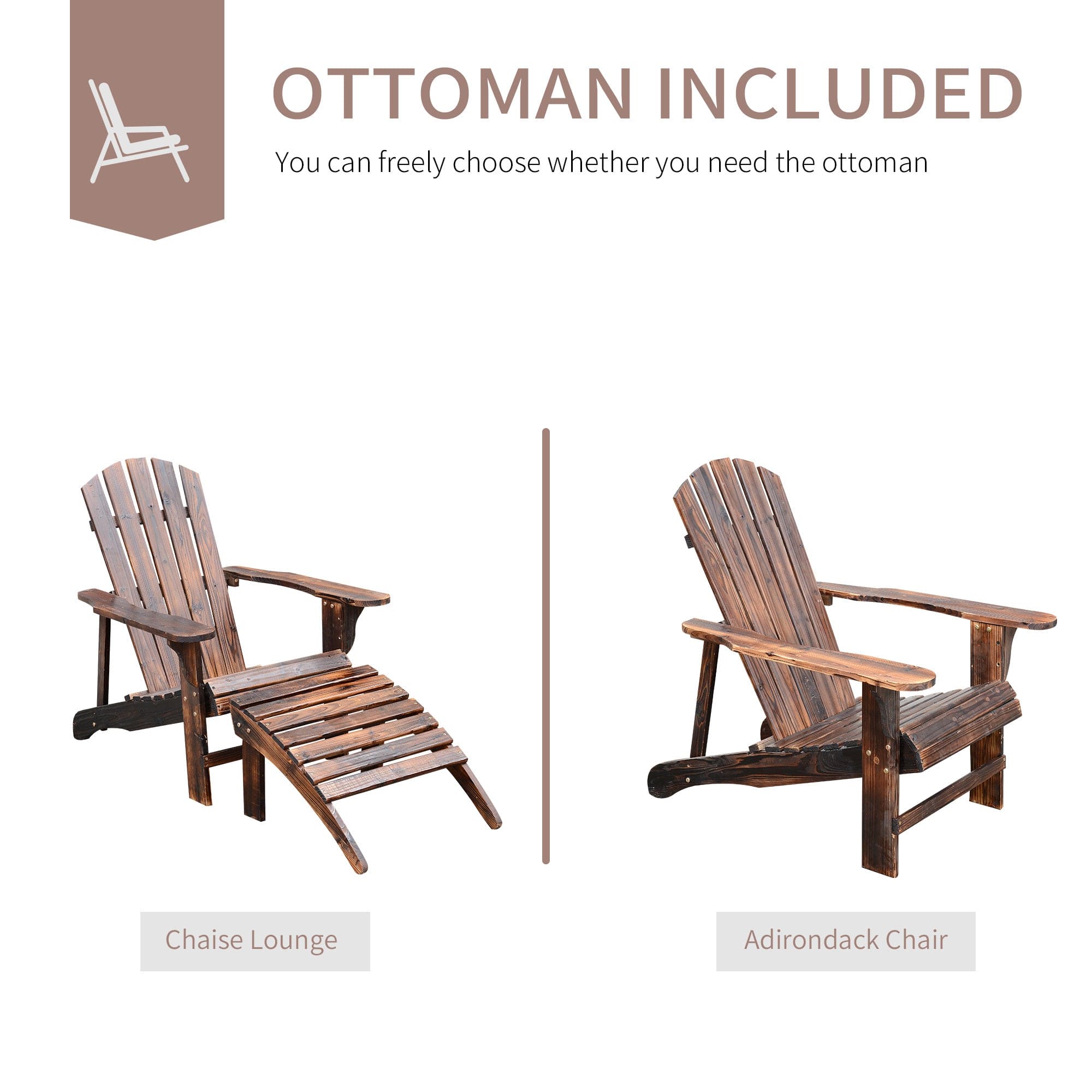 Outsunny Wooden Adirondack Chair Outdoor Patio Lounge Chair w/ Ottoman - Rustic Brown