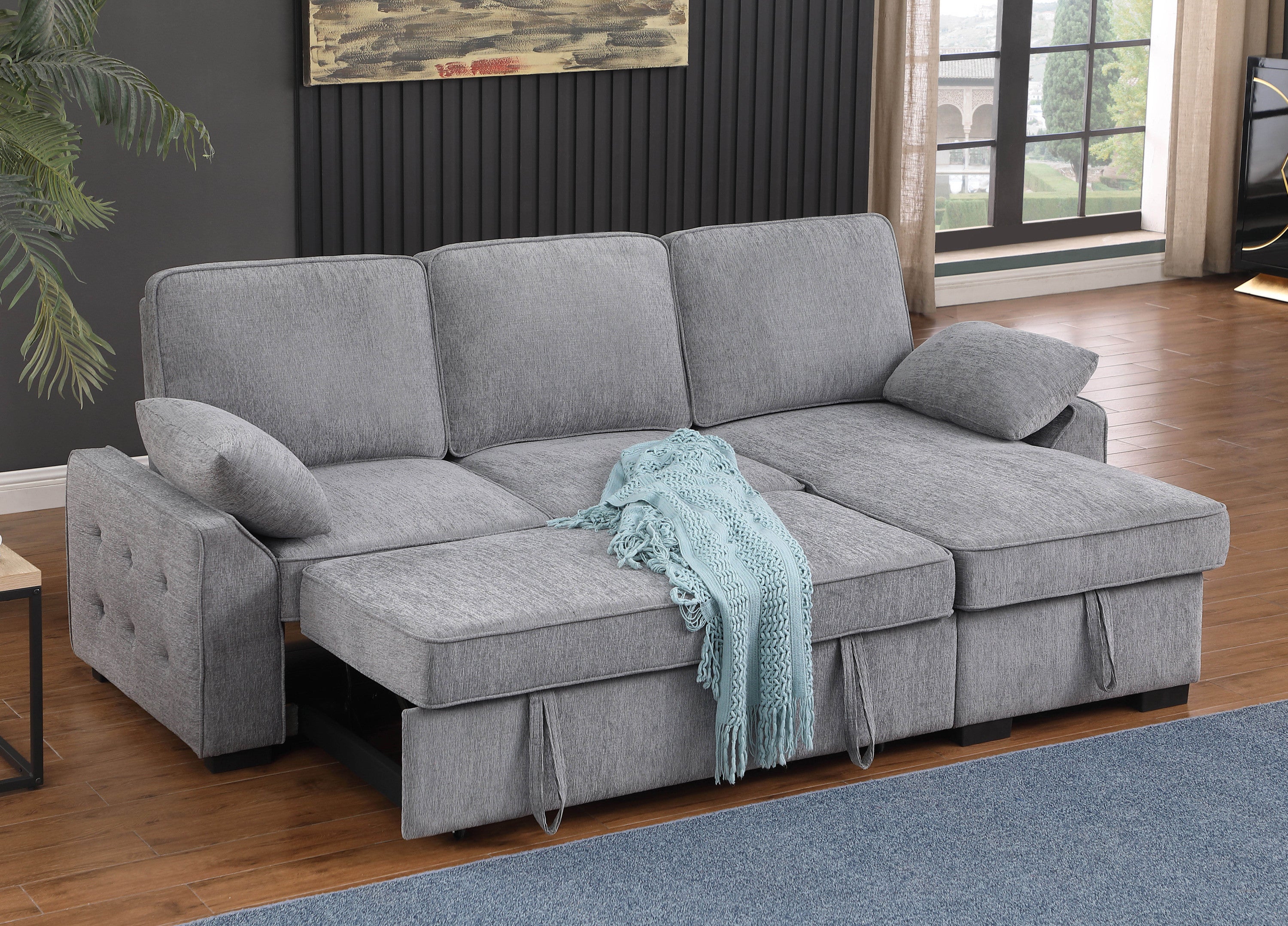 Mackenzie Light  Gray Chenille Fabric Reversible Sleeper Sectional with Storage Chaise, Drop-Down Table, Cup Holders and Charging Ports