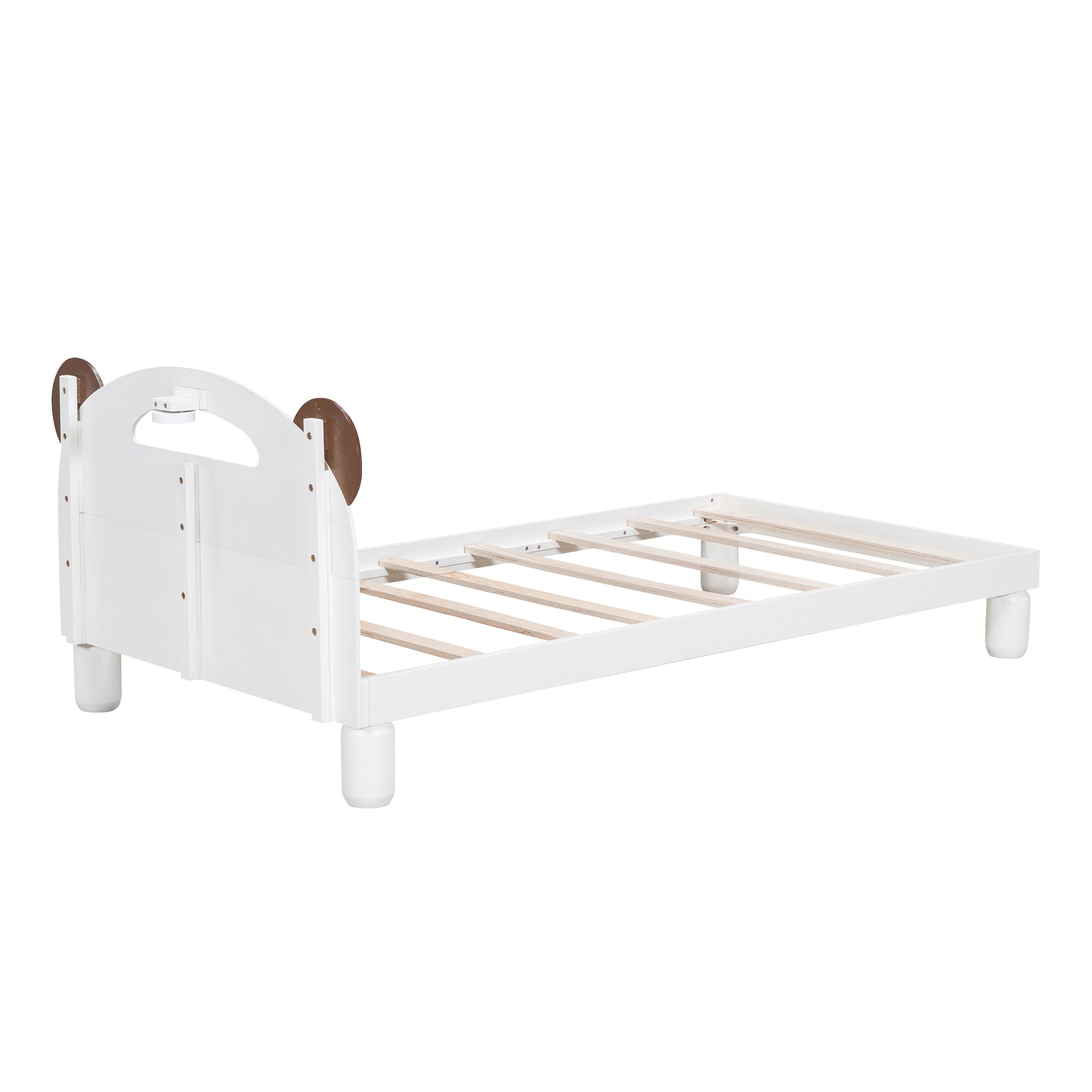 Twin Size Platform Bed with Bear Ears Shaped Headboard and LED, Cream White