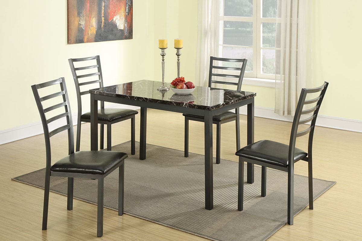 Modern Simple Dining Room Furniture 5pc Dining Set Table And 4x Chairs Faux Marble Top table Black Faux Leather Chairs