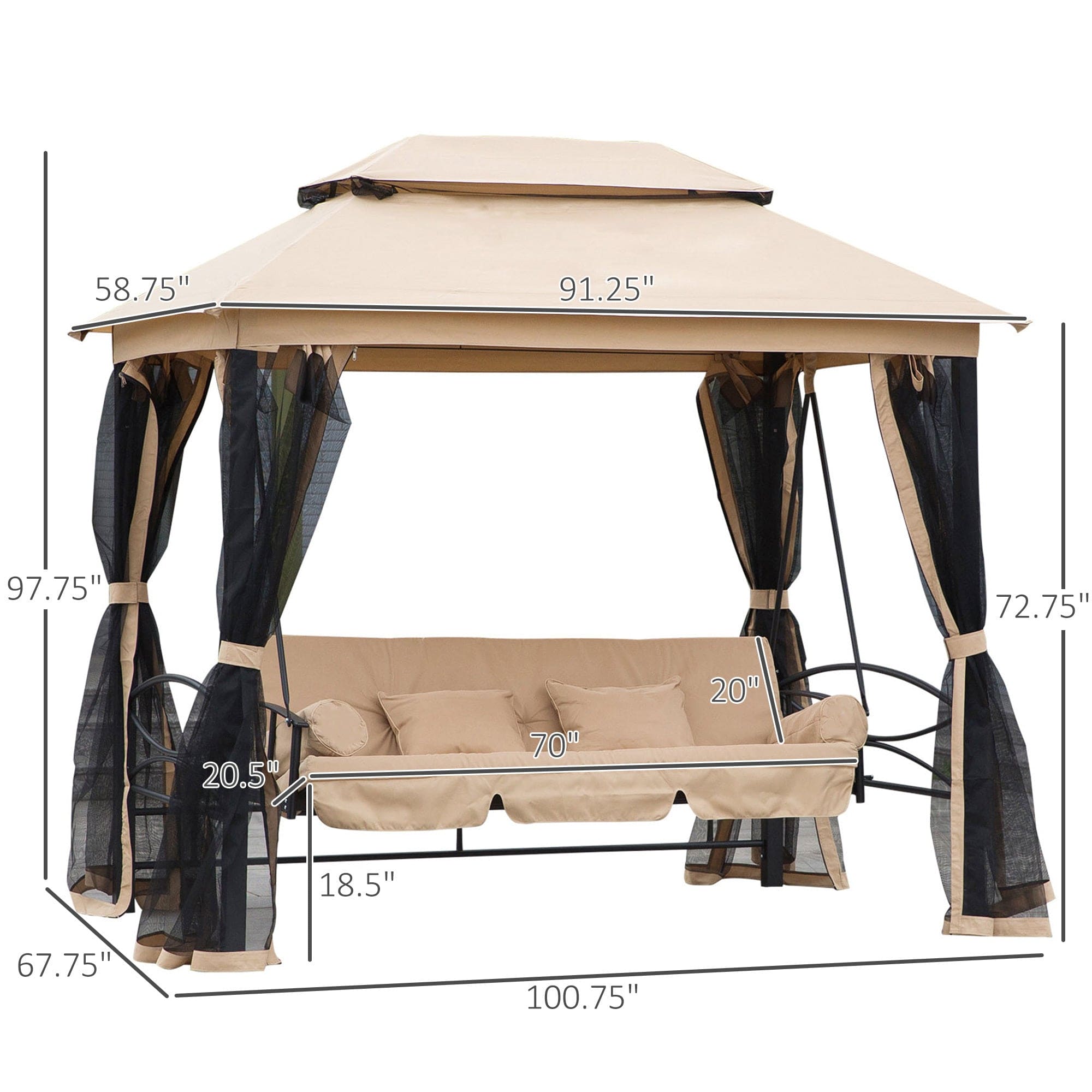 Outsunny 3-Seat Patio Swing Chair, Outdoor Gazebo Swing with Double Tier Canopy, Mesh Sidewalls, Cushioned Seat and Pillows, Beige