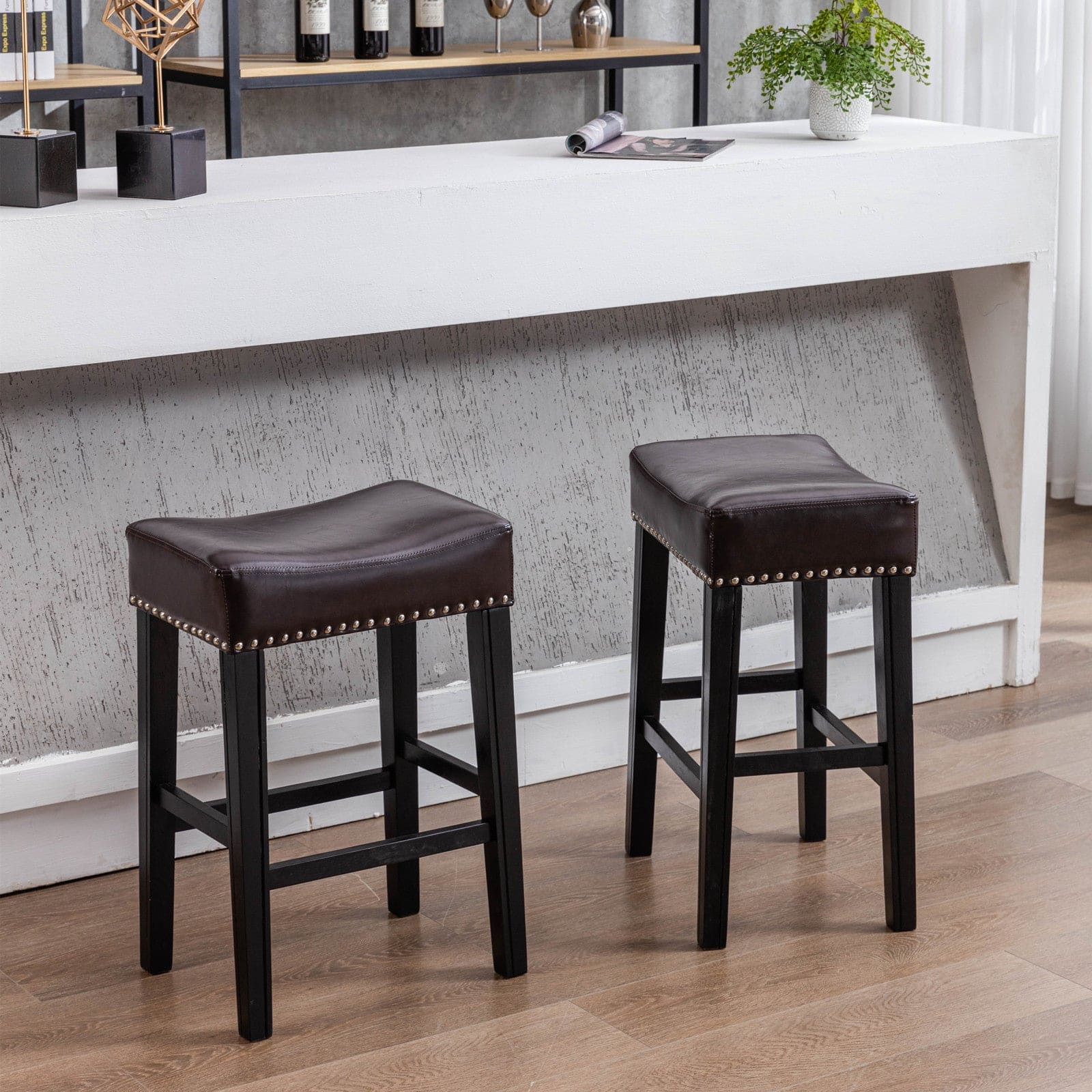 A&A Furniture,Counter Height 26" Bar Stools for Kitchen Counter Backless  Faux Leather Stools Farmhouse Island Chairs (26 Inch, Brown, Set of 2)