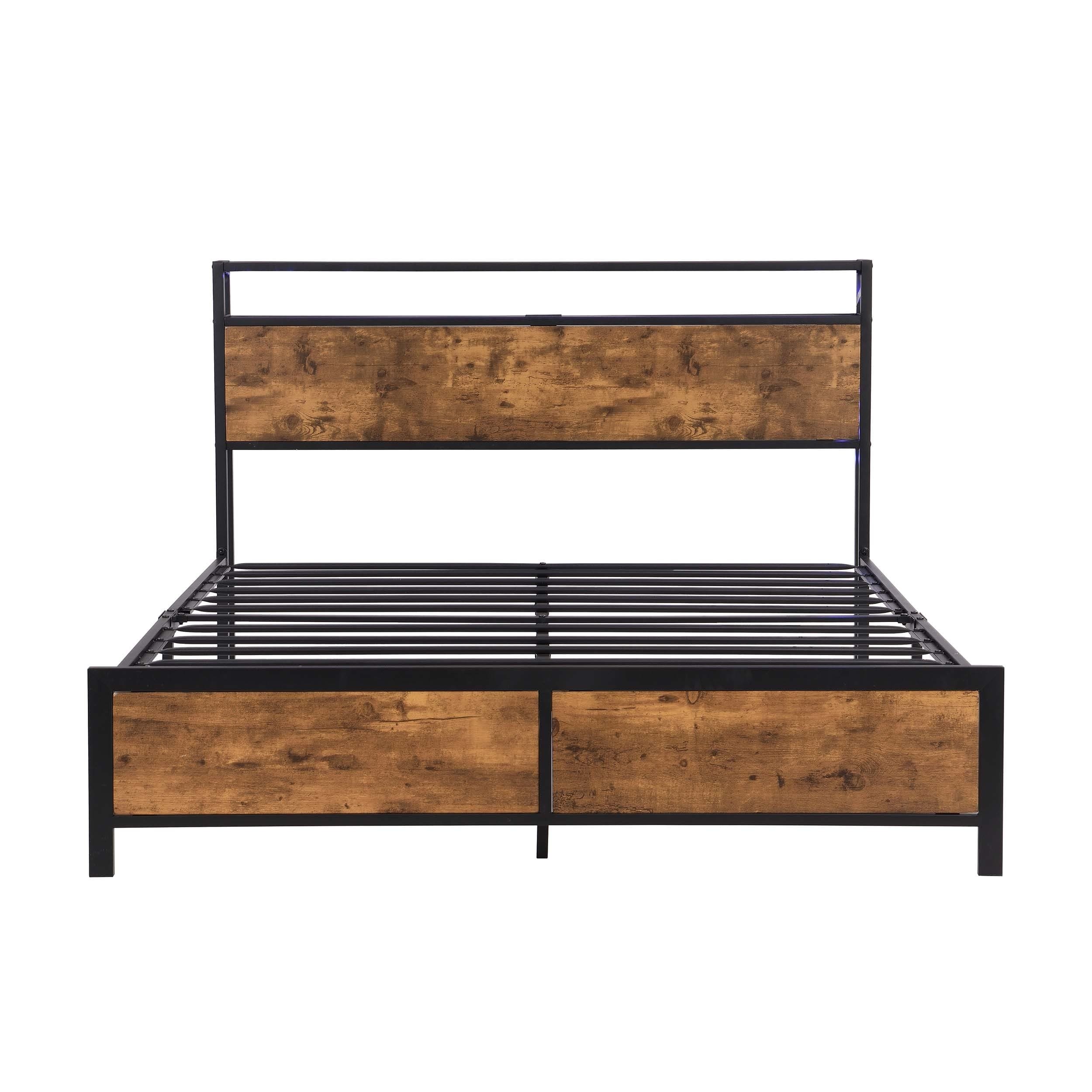 Industrial Full Bed Frame with LED Lights and 2 USB Ports, Bed Frame Full Size with Storage, Noise Free, No Box Spring Needed, Rustic Brown