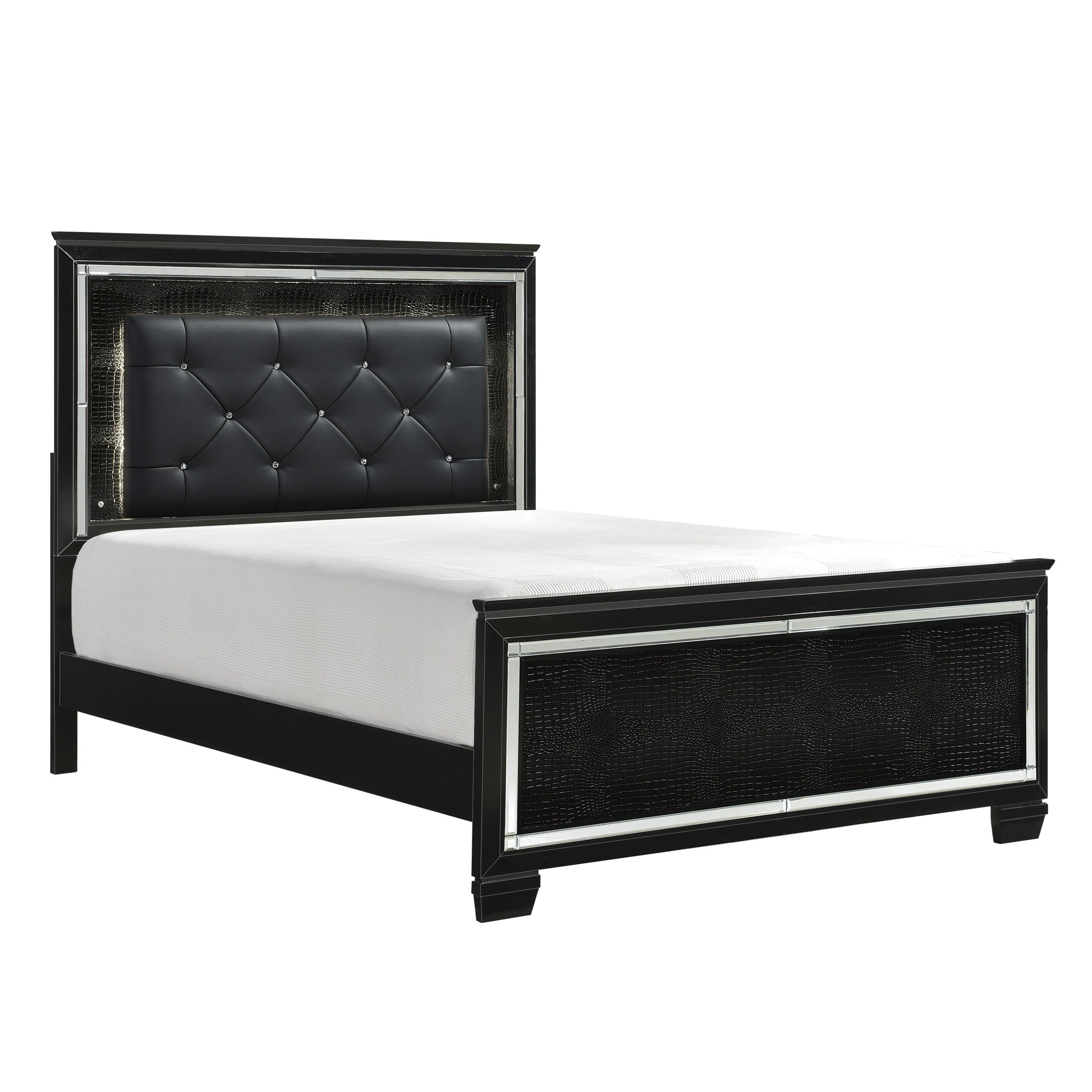 Black Finish Upholstered Button-Tufted 1pc Queen Size Bed LED Headboard Faux Alligator Embossed Textural Panels Wooden Bed