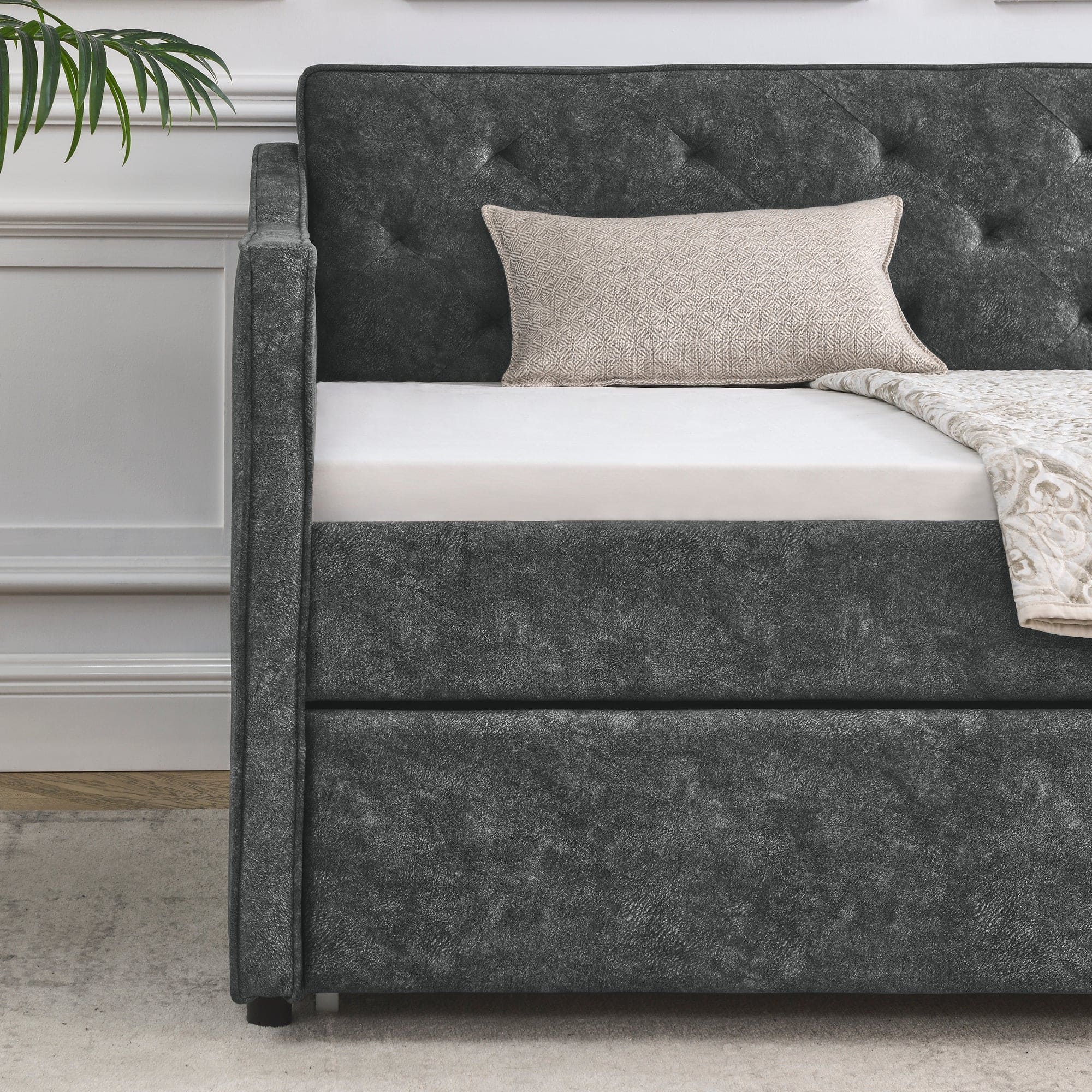 Twin Size Daybed with Twin Size Trundle Upholstered Tufted Sofa Bed,  Waved Shape Arms, Grey (80.5"x44.5"x33.5")