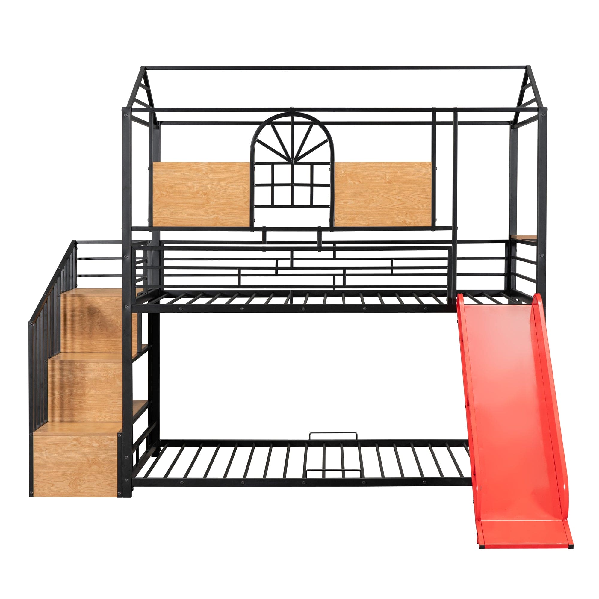 Twin Over Twin Metal Bunk Bed, Metal Housebed with Slide and Storage Stair, Black with Red Slide