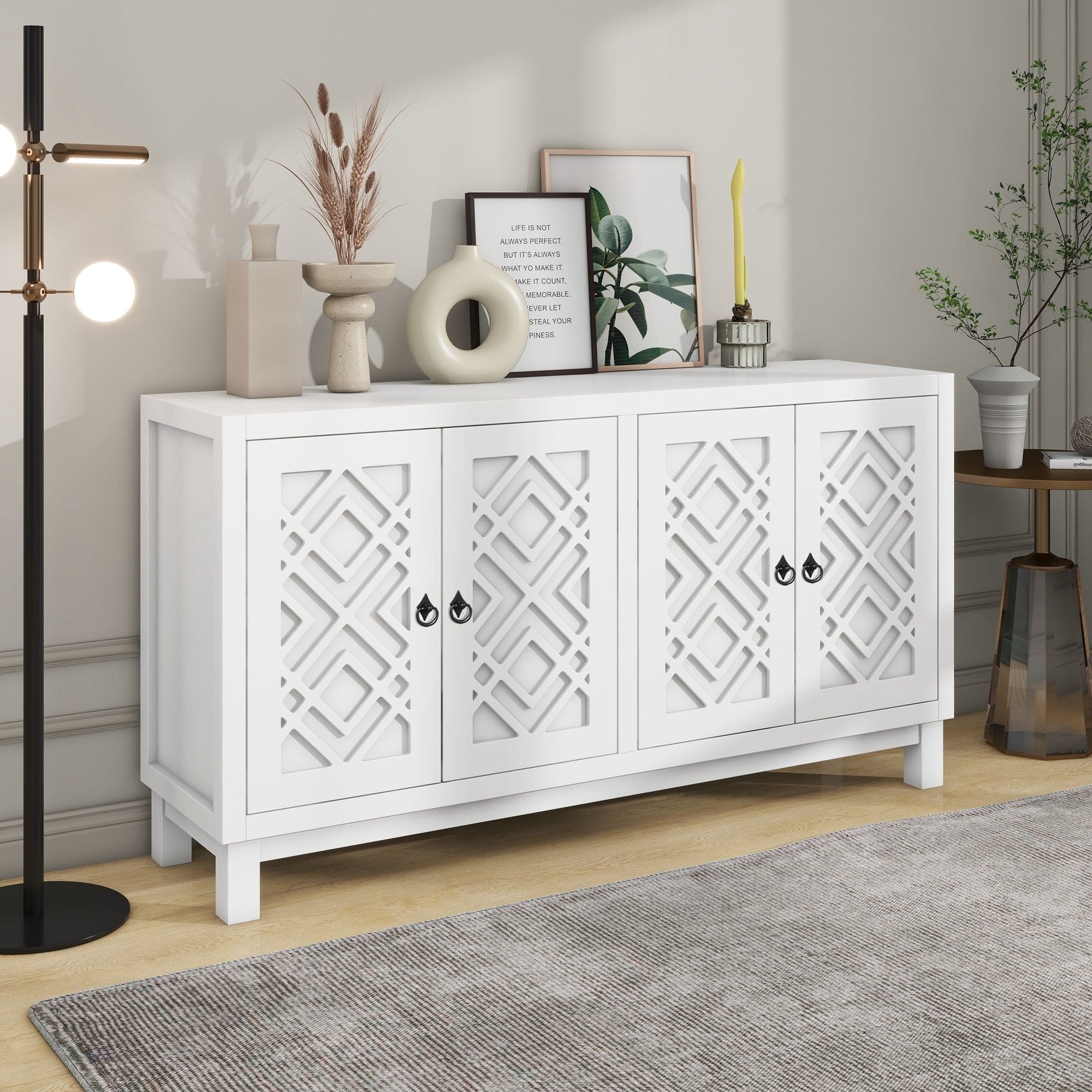 TREXM Large Storage Space Sideboard, 4 Door Buffet Cabinet with Pull Ring Handles for Living Room, Dining Room (White)